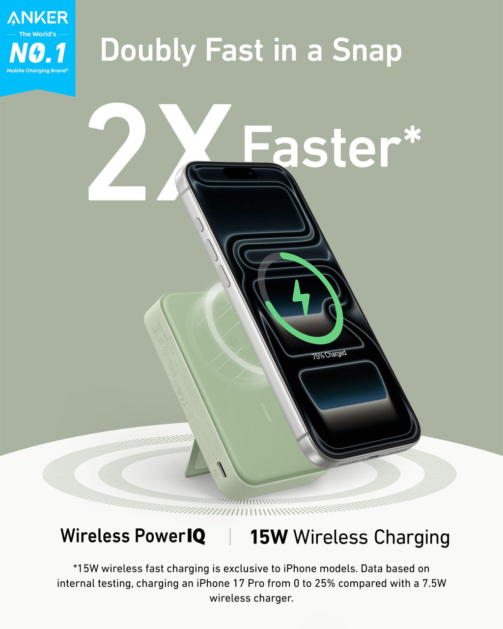 Anker wireless charging stand with smartphone on a gray background