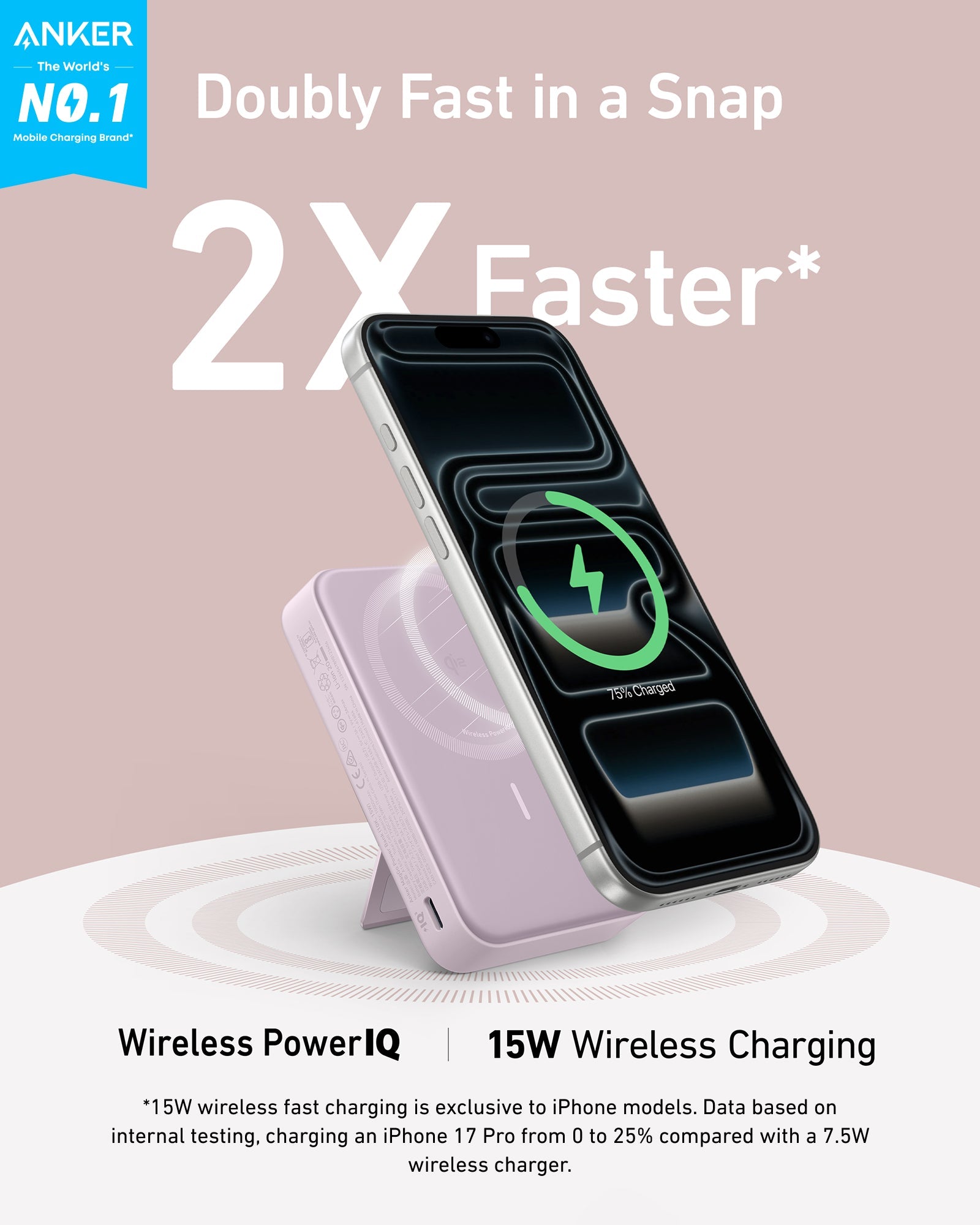Anker wireless charging pad with smartphone on a light pink background