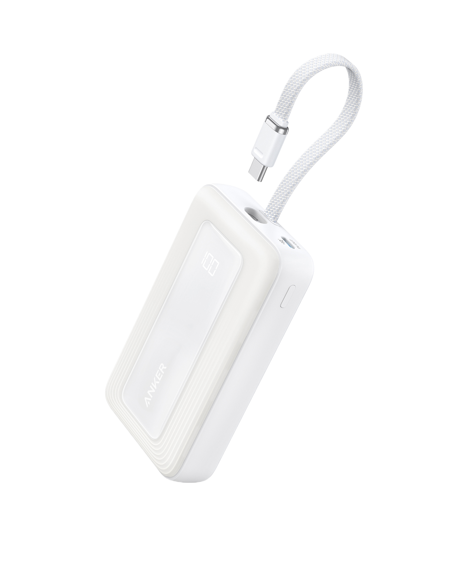 White portable speaker with a strap on a white background