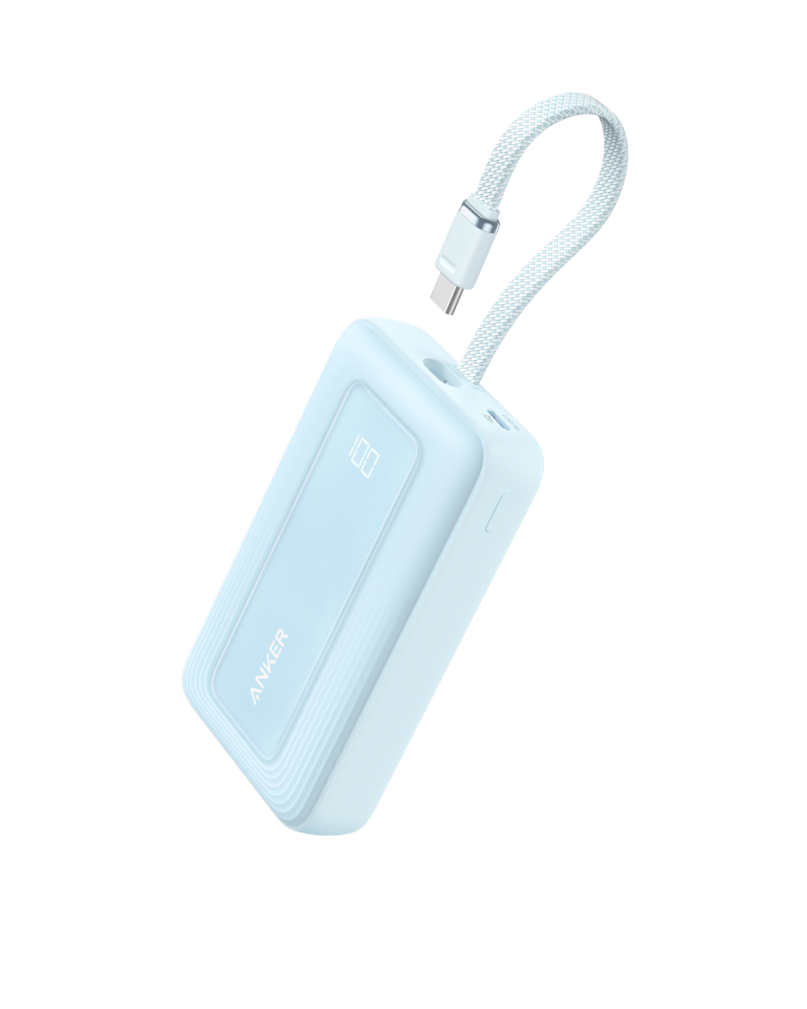 Light blue portable charger with a USB cable on a white background