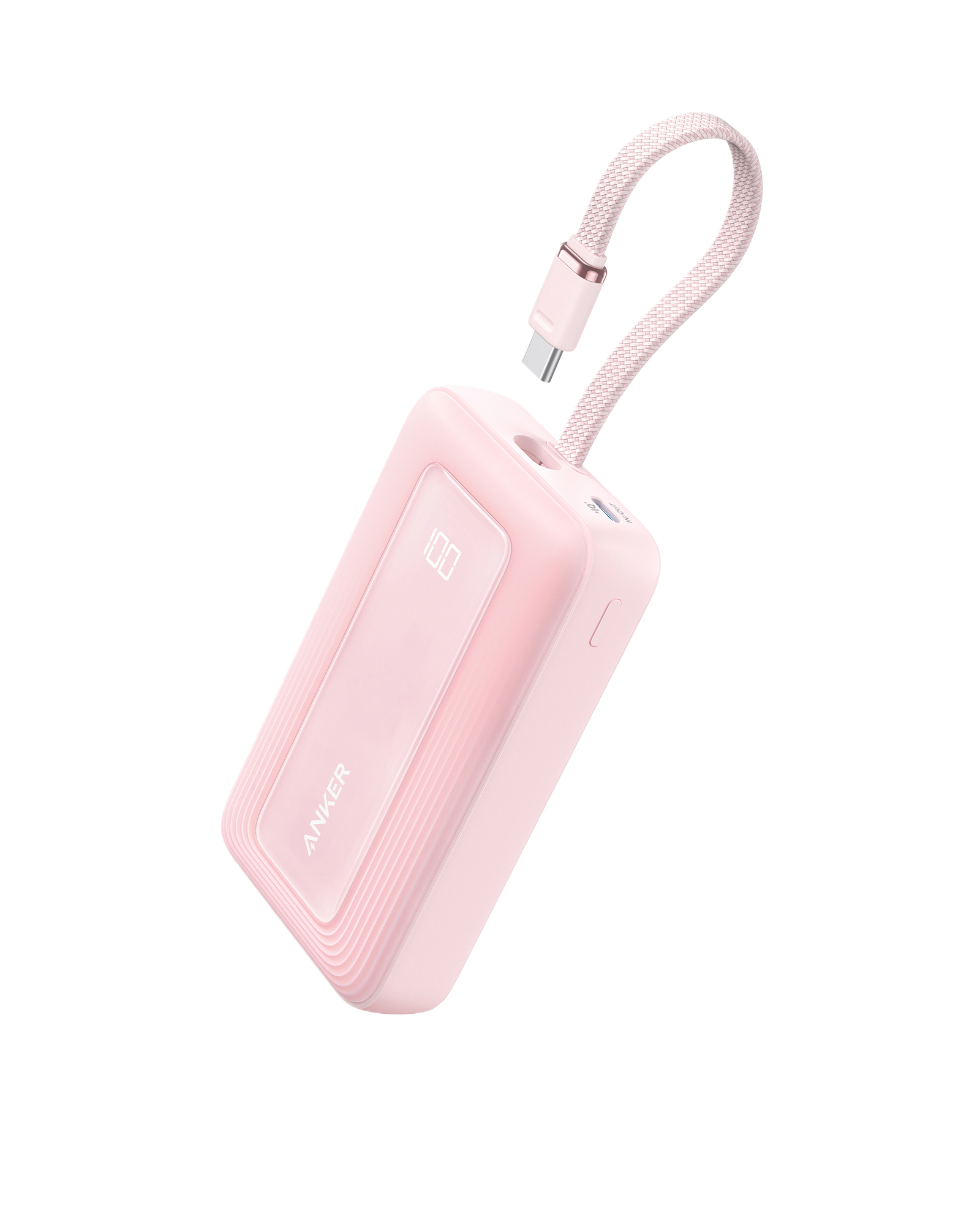 Pink portable charger with a strap on a white background