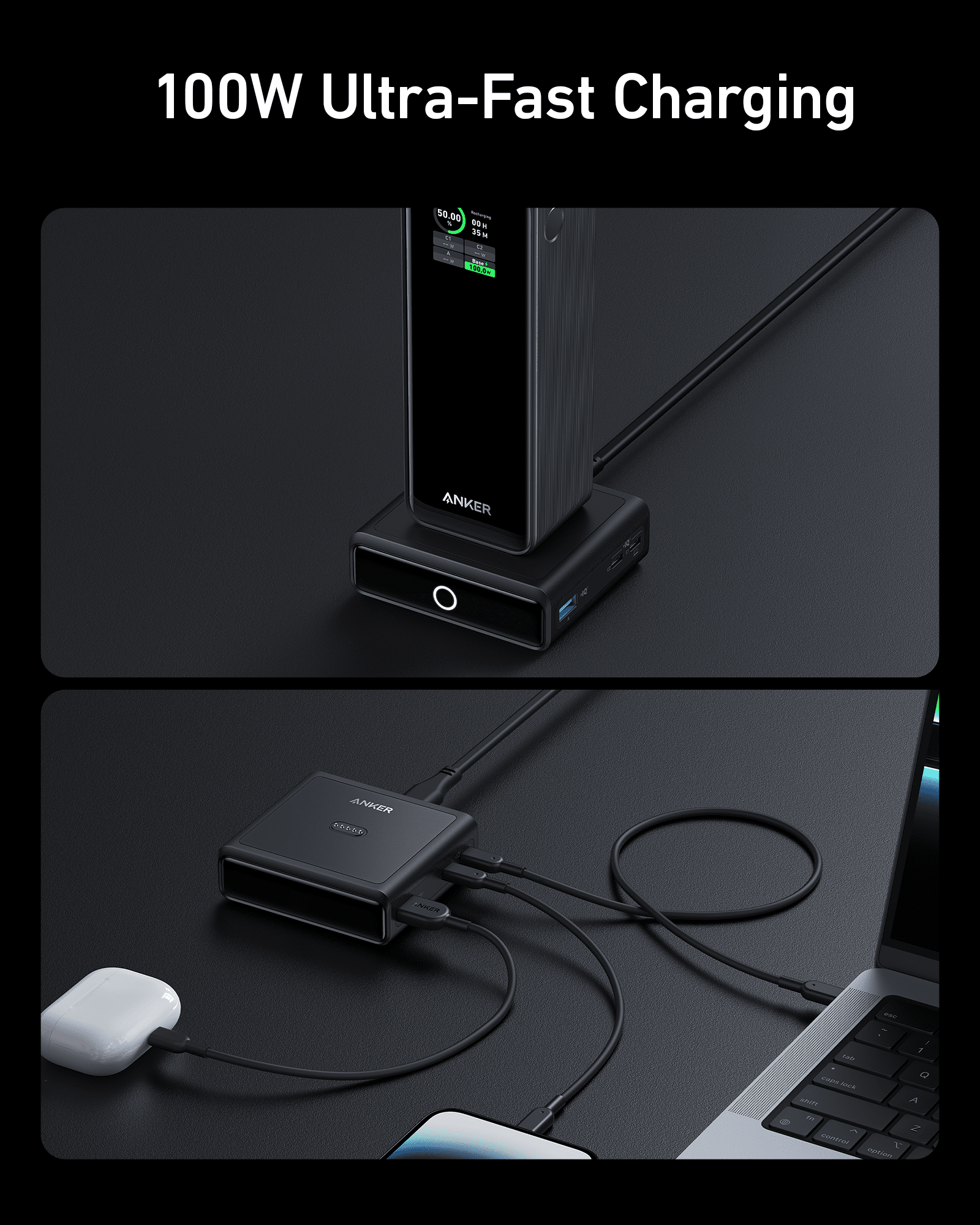 Anker power station with 100W ultra-fast charging feature on a black background