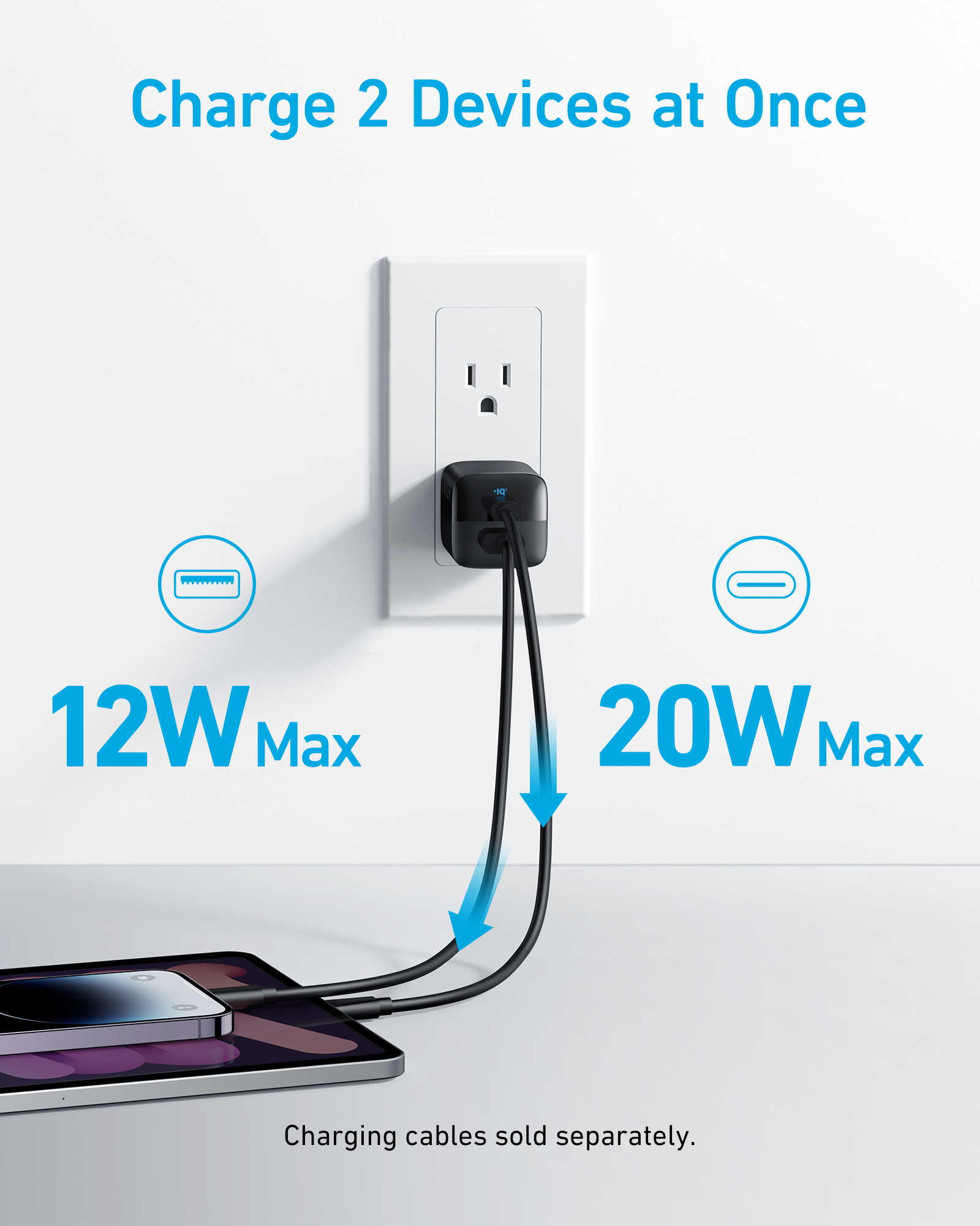 Wall outlet with two charging cables, one labeled 12W Max and the other 20W Max, on a white background.