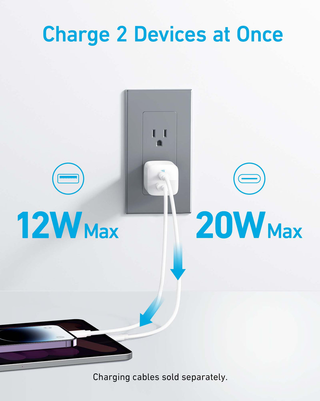 Power adapter charging two devices with text indicating maximum power output on a white background.