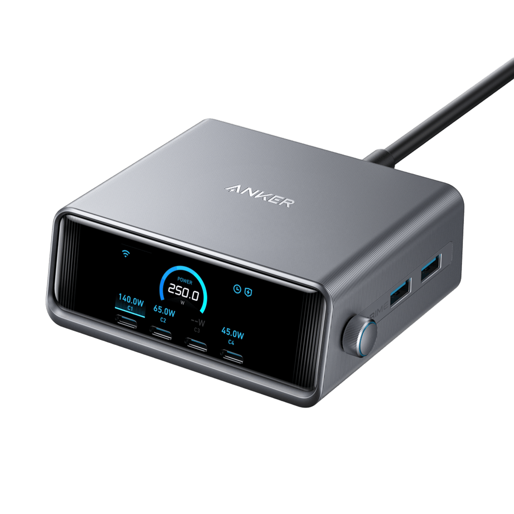 Anker power adapter with digital display on a transparent background