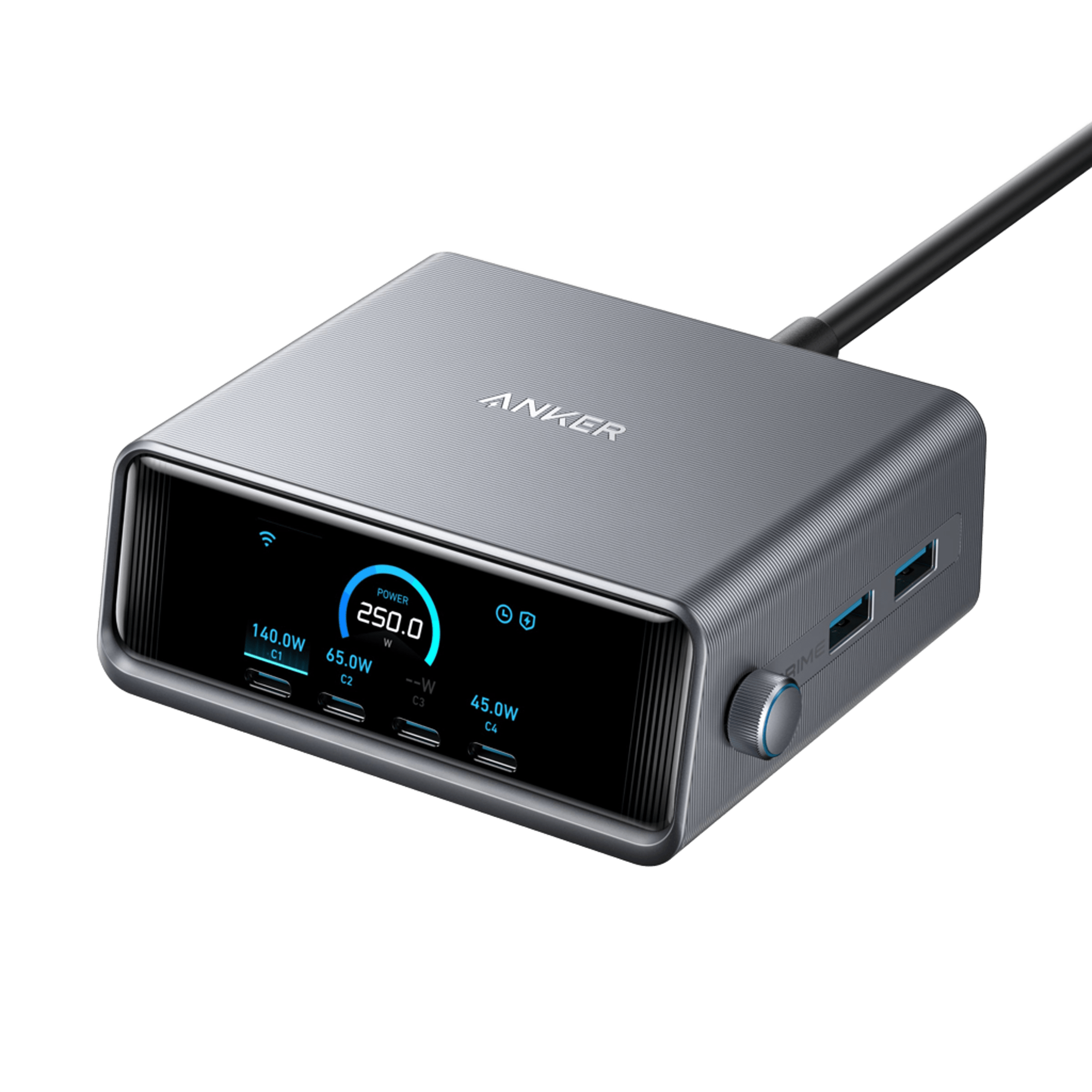 Anker power adapter with digital display on a transparent background