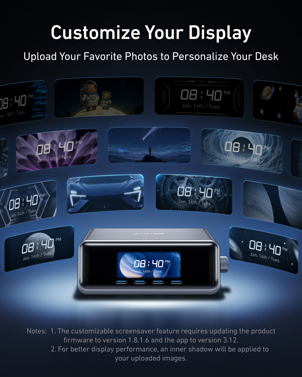 Digital clock with customizable screensaver feature on a dark background