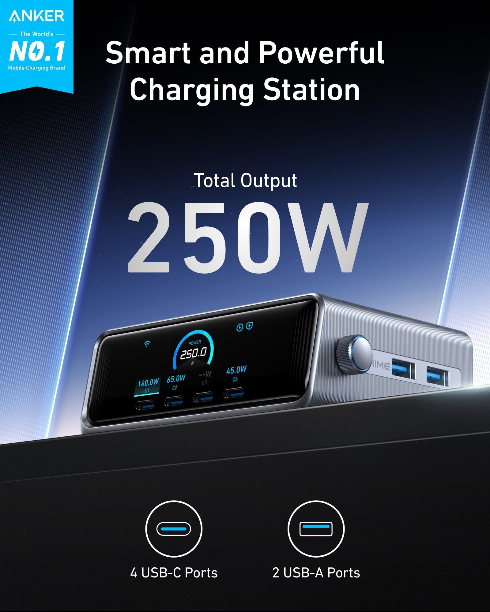 Anker smart charging station with 250W total output on a dark background