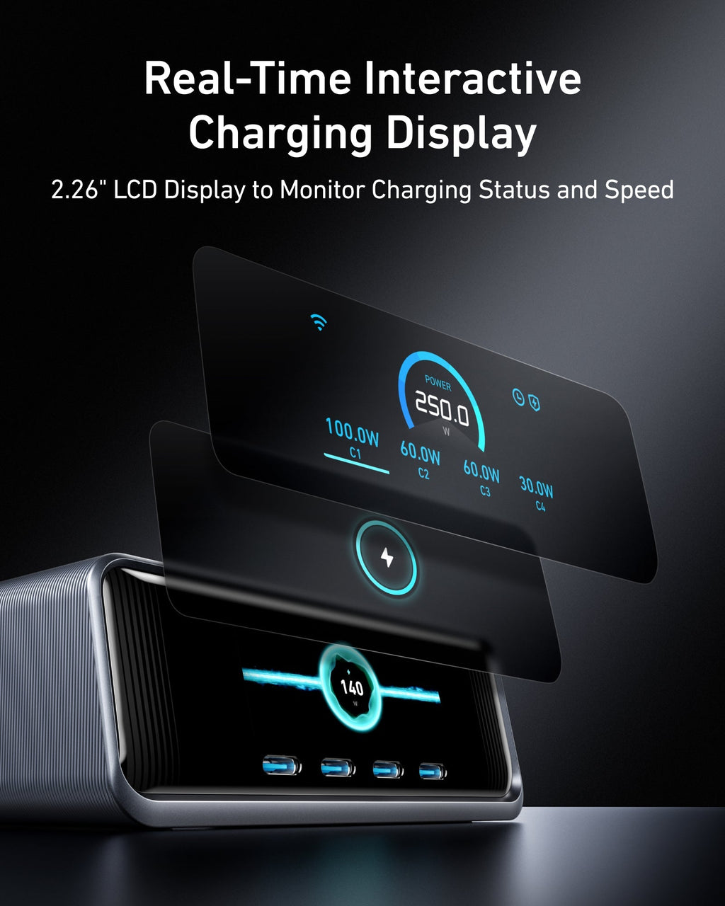 Real-time interactive charging display with 2.26-inch LCD screen on a dark background