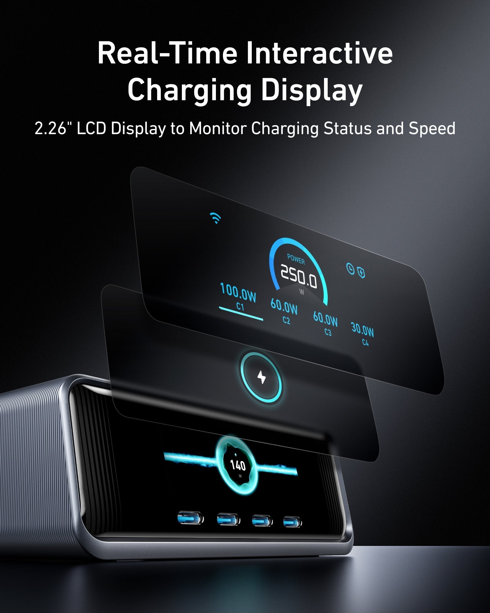 Real-time interactive charging display with 2.26-inch LCD screen on a dark background