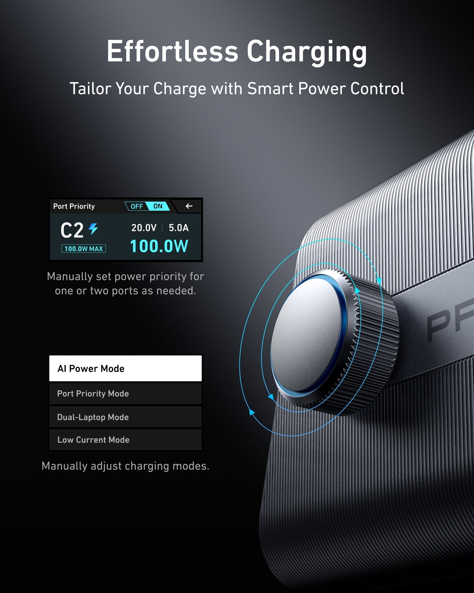 Charging device with digital display and control knob on a dark background