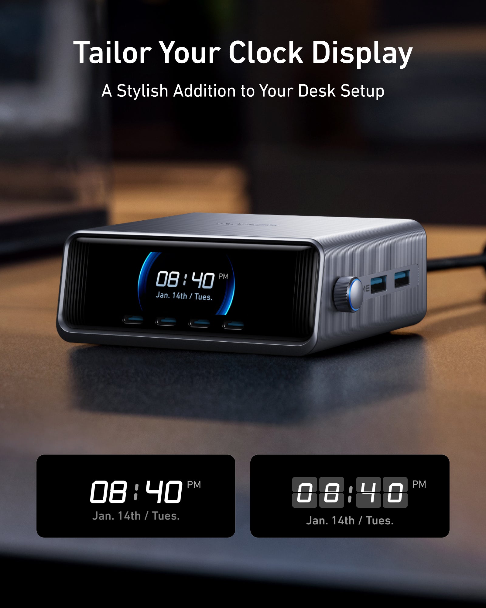 Digital clock display on a desk with customizable time and date information.