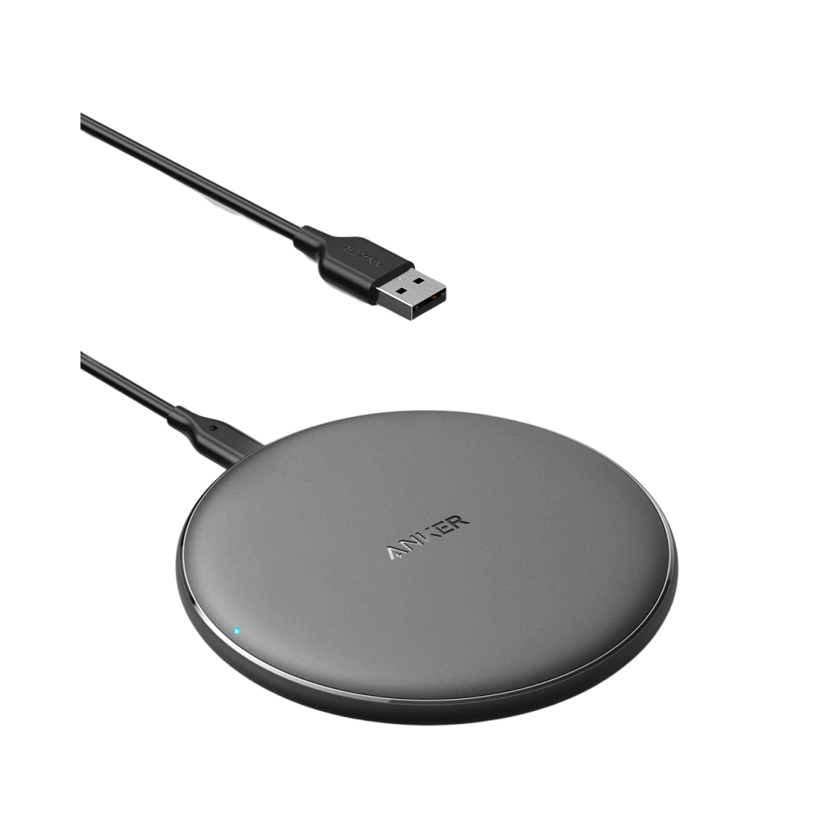 Wireless charging pad with USB cable on a white background