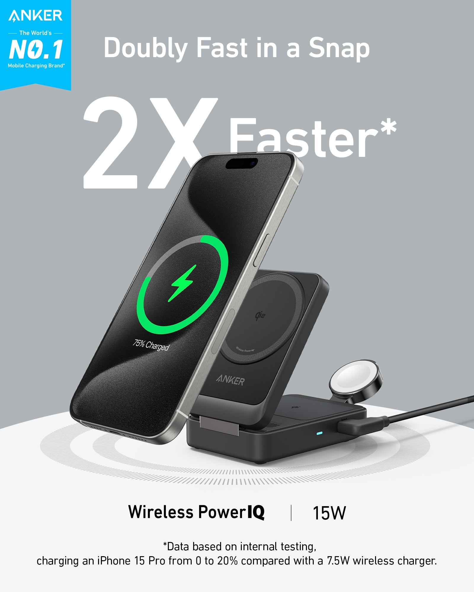 Anker wireless charging station with smartphone on a gray background