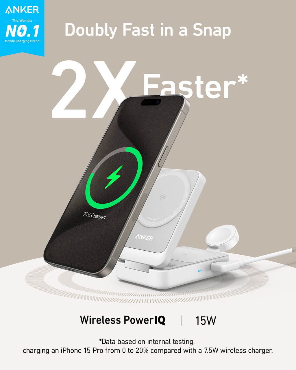 Anker wireless charging station with phone, earbuds, and text about fast charging.