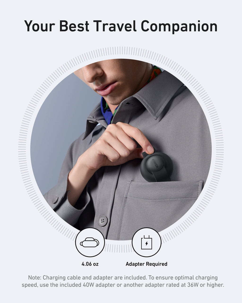 Person wearing a gray jacket with a black device in the pocket, labeled 'Your Best Travel Companion'.