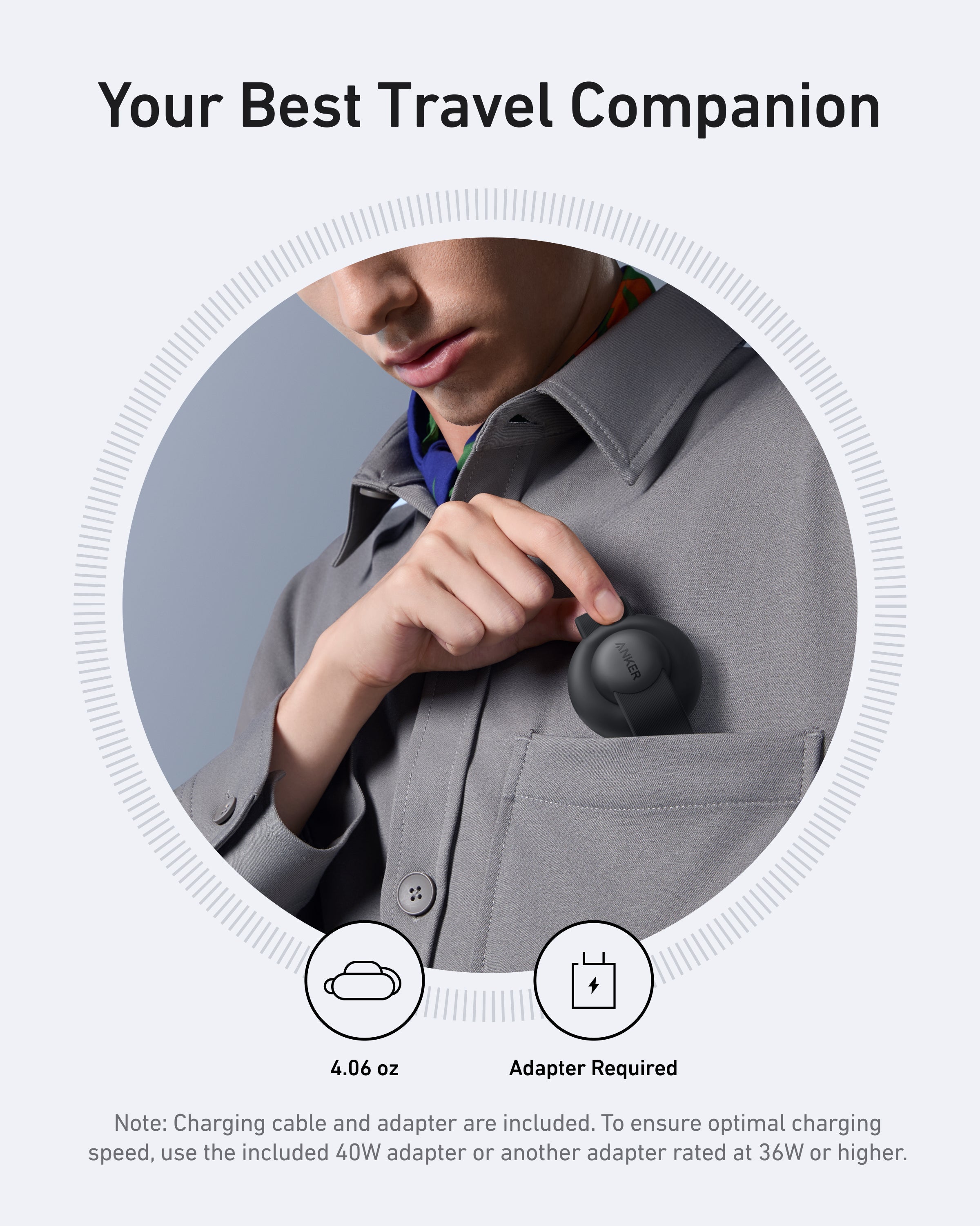 Person wearing a gray jacket with a black device in the pocket, labeled 'Your Best Travel Companion'.