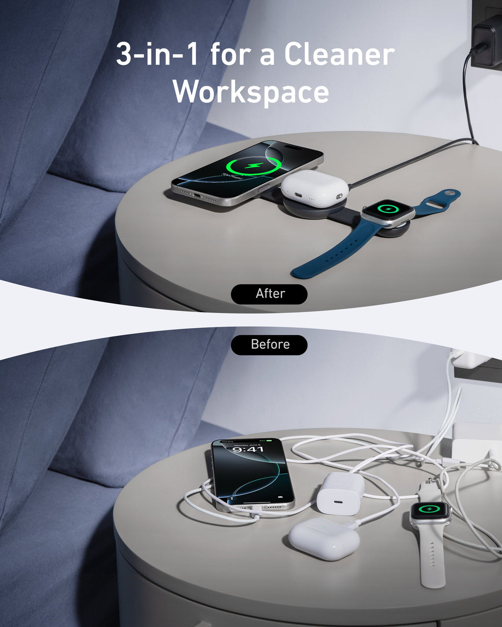 Before and after comparison of a workspace with a charging station, showing a cleaner setup.