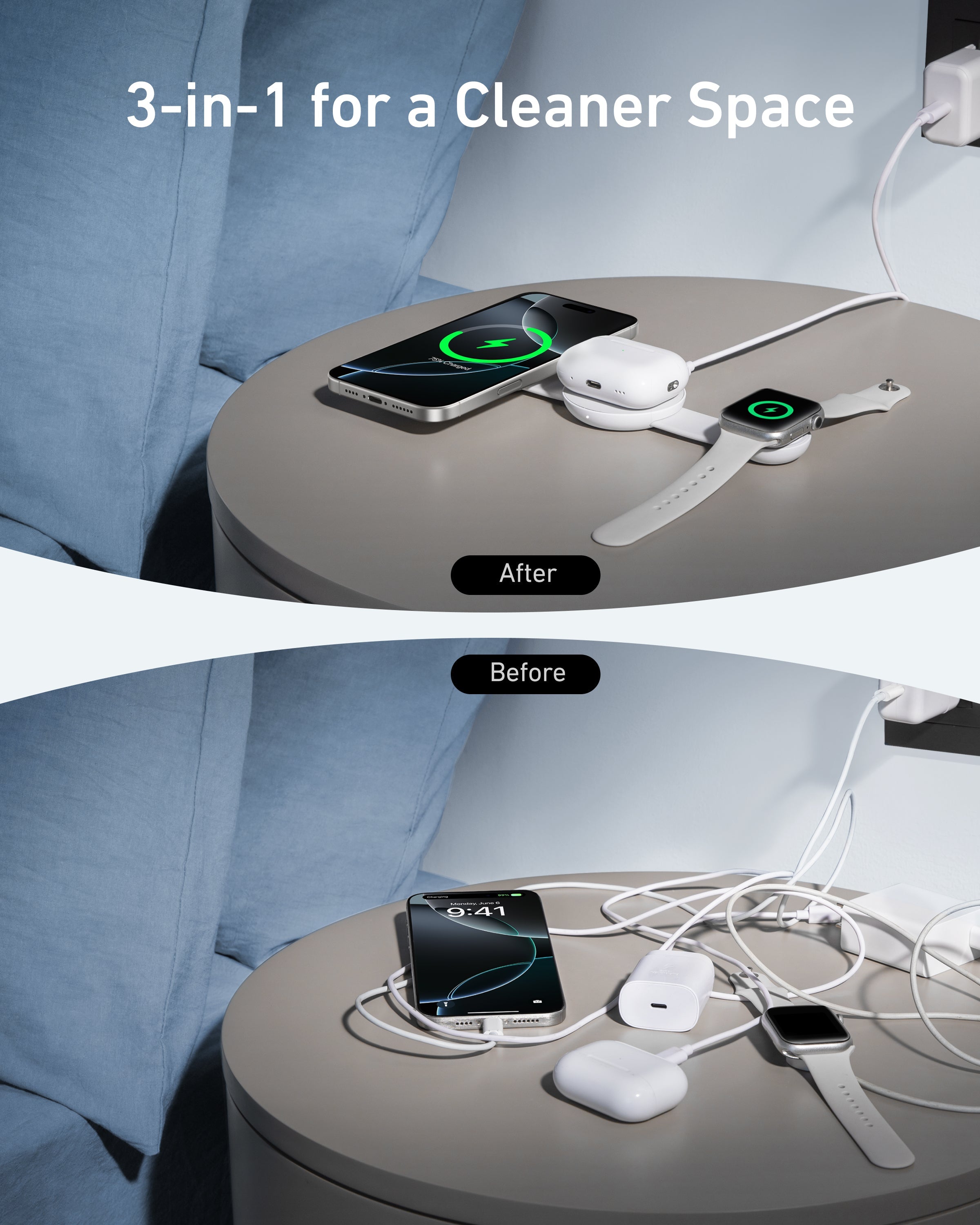 Before and after comparison of a 3-in-1 charging station with electronic devices on a table.