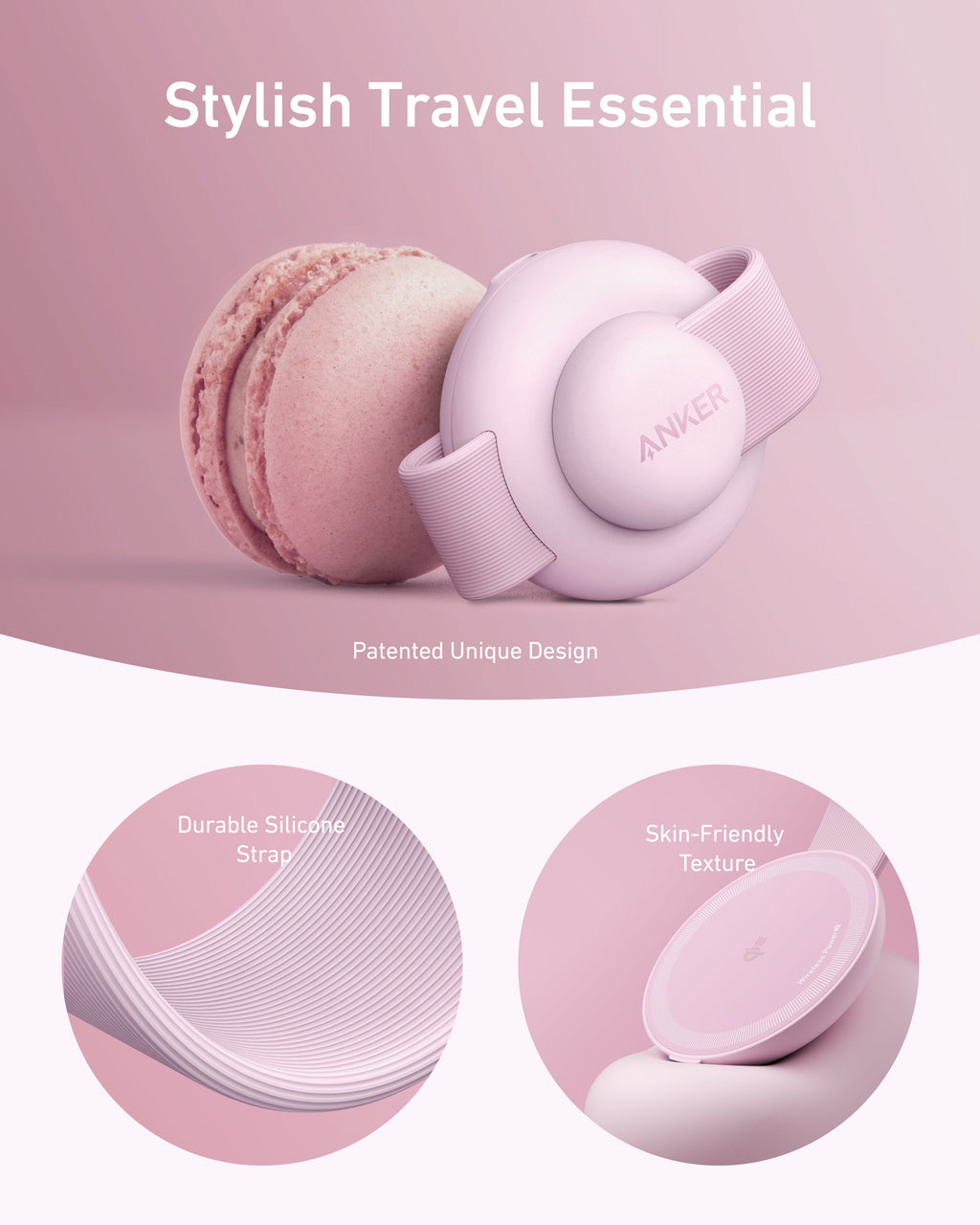 Pink travel accessory with 'AWAF' branding on a pink background, featuring durability and texture details.