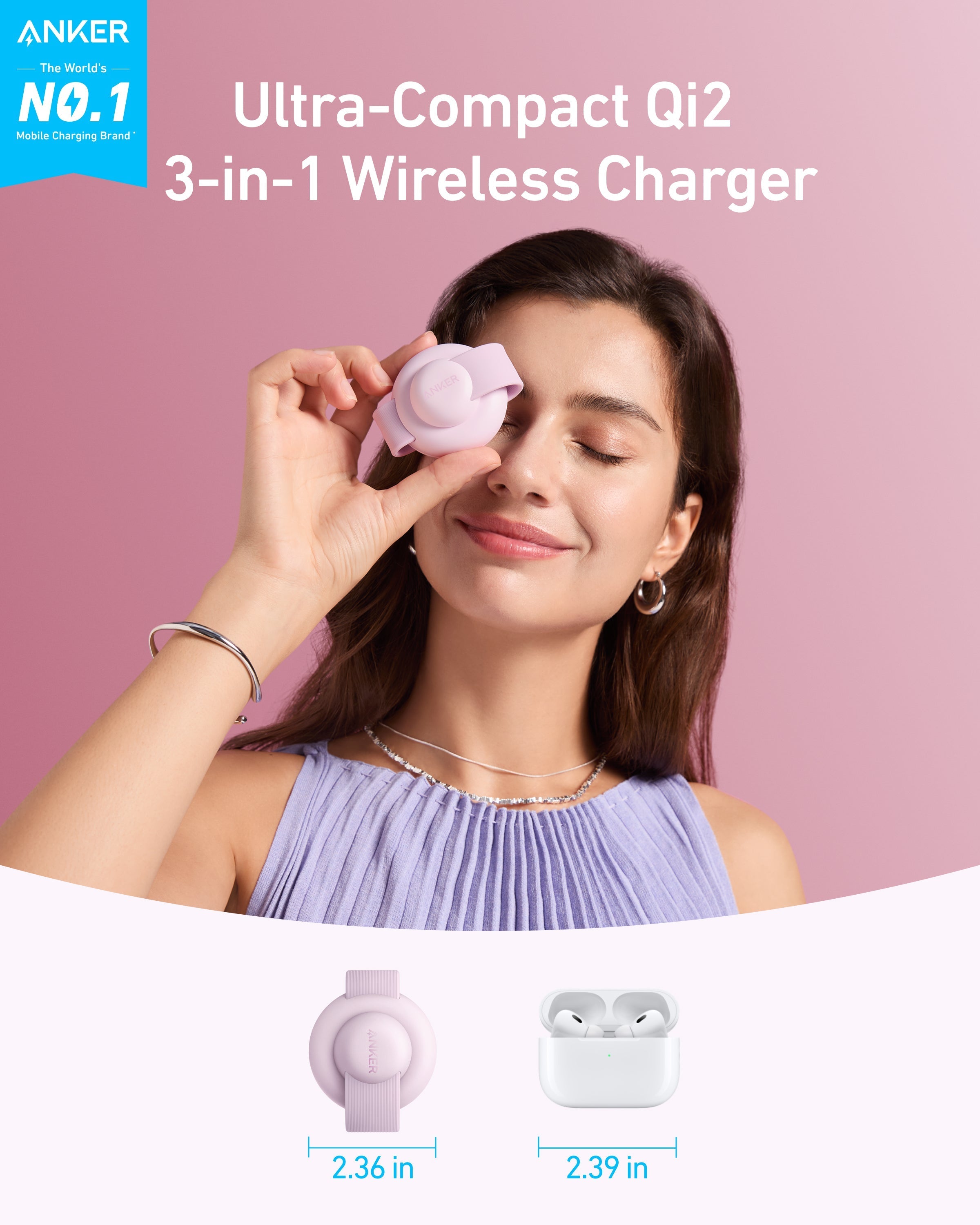 Woman using an ultra-compact Qi2 3-in-1 wireless charger with product dimensions displayed.