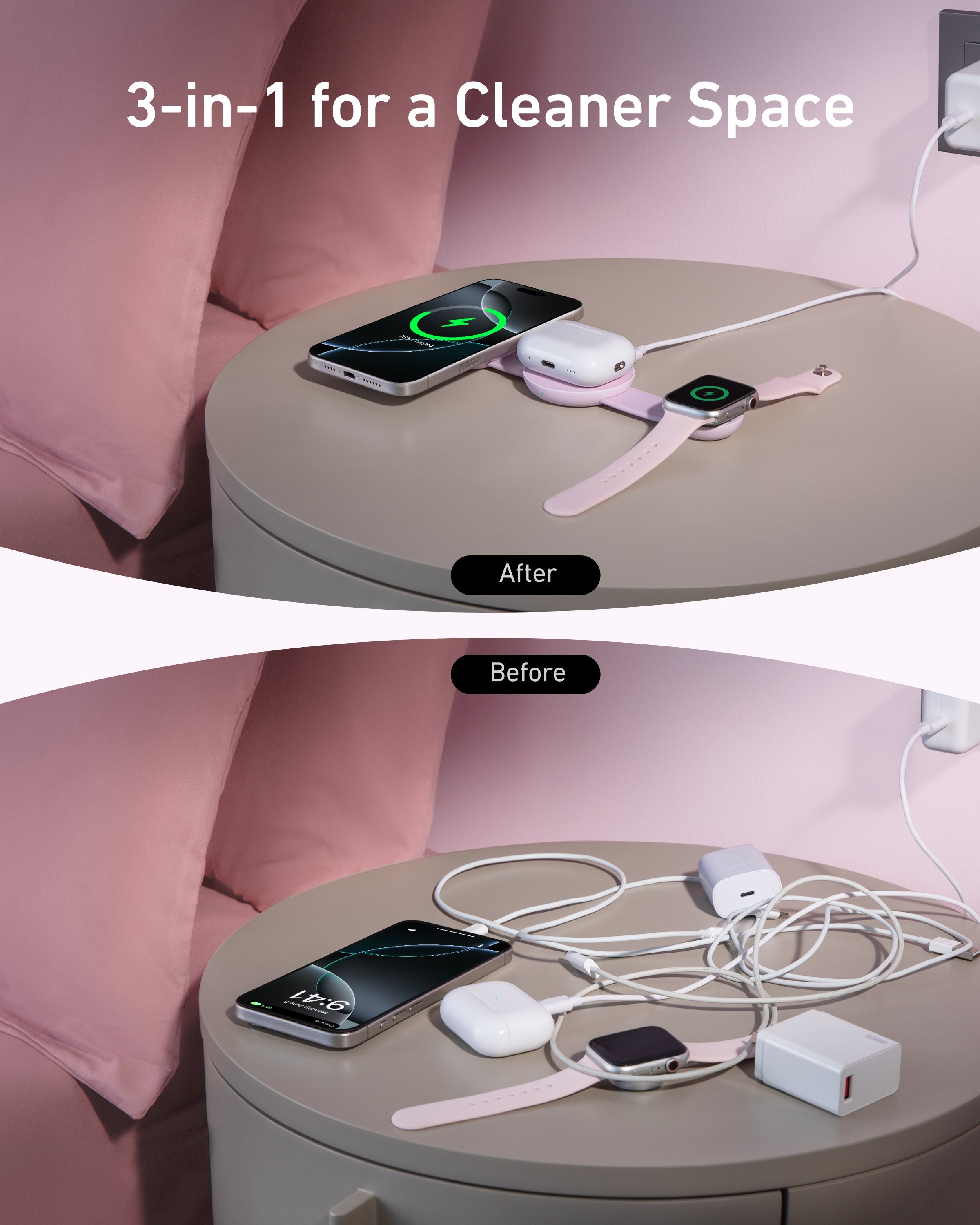 Before and after comparison of a round table with electronic devices on it, showing a cleaner space with a 3-in-1 charging solution.