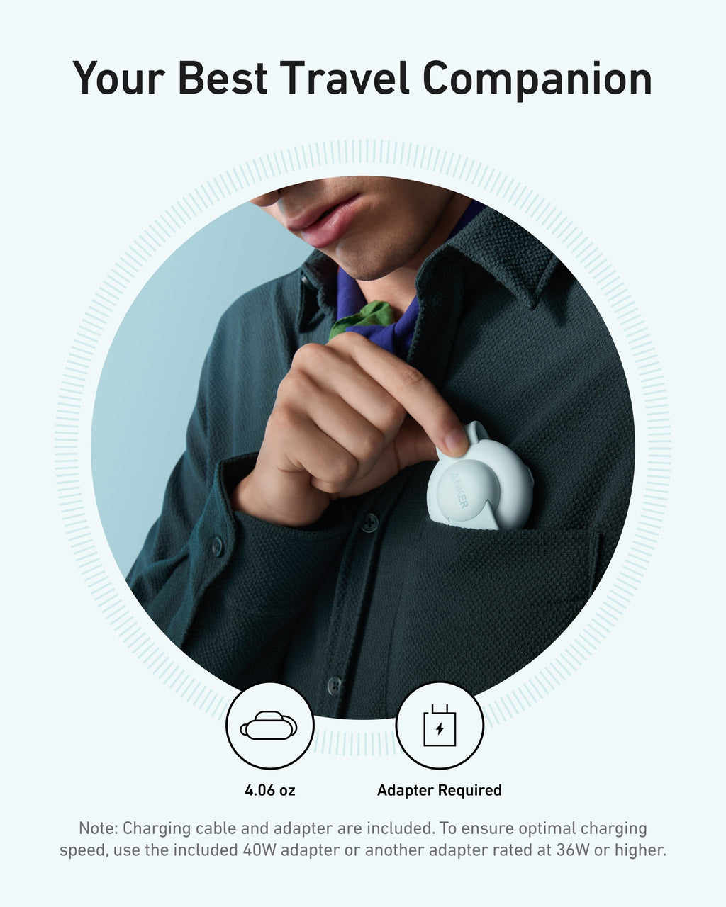 Person holding a small white device with text about it being a travel companion.