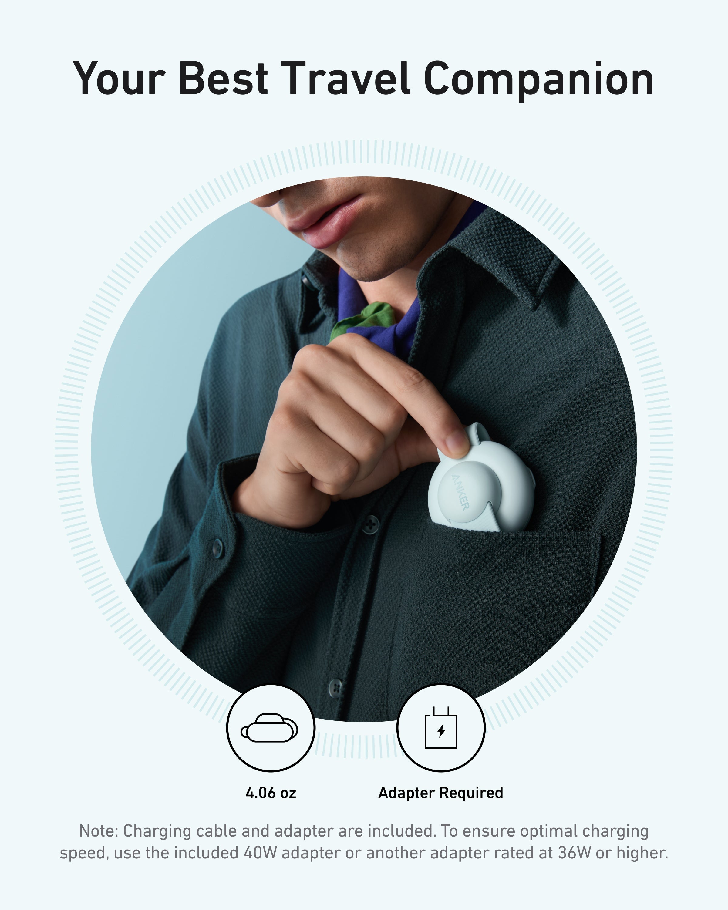 Person holding a small white device with text about it being a travel companion.