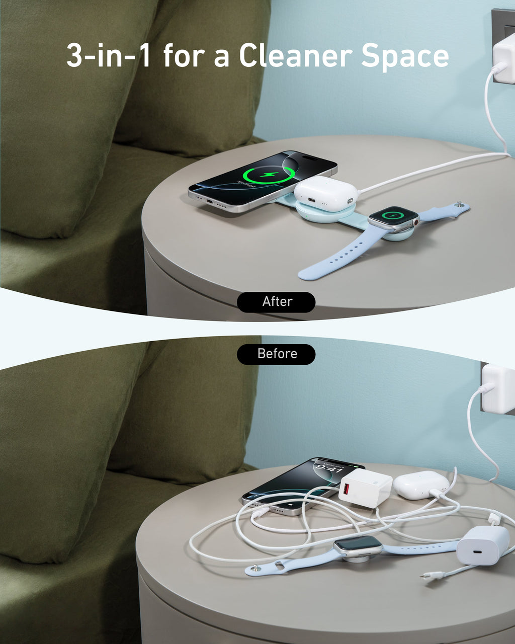 Before and after comparison of a 3-in-1 charging station on a round table.