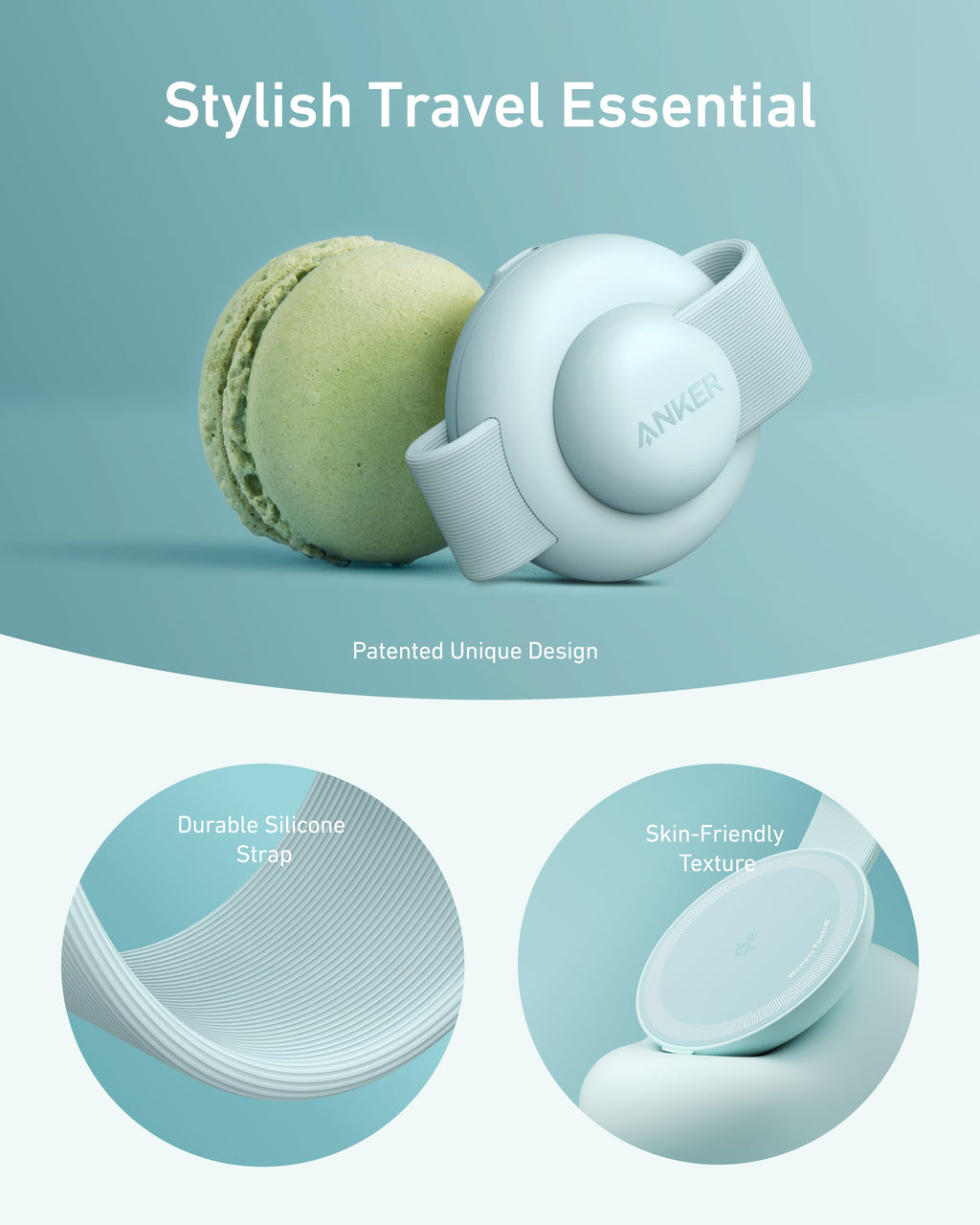 Light blue travel essential product with green macaron on a light blue background