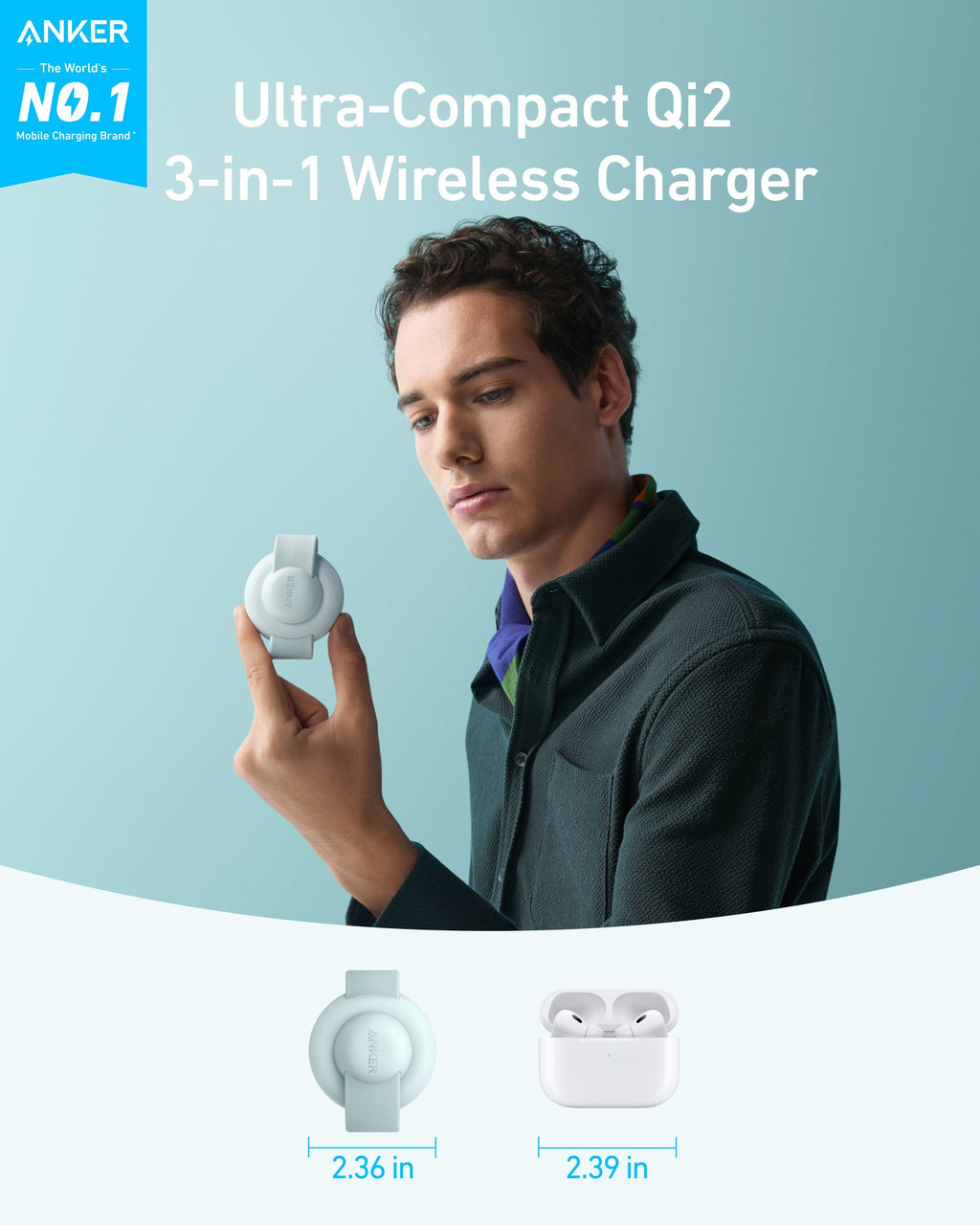 Person holding an ultra-compact Qi2 3-in-1 wireless charger with Anker branding.