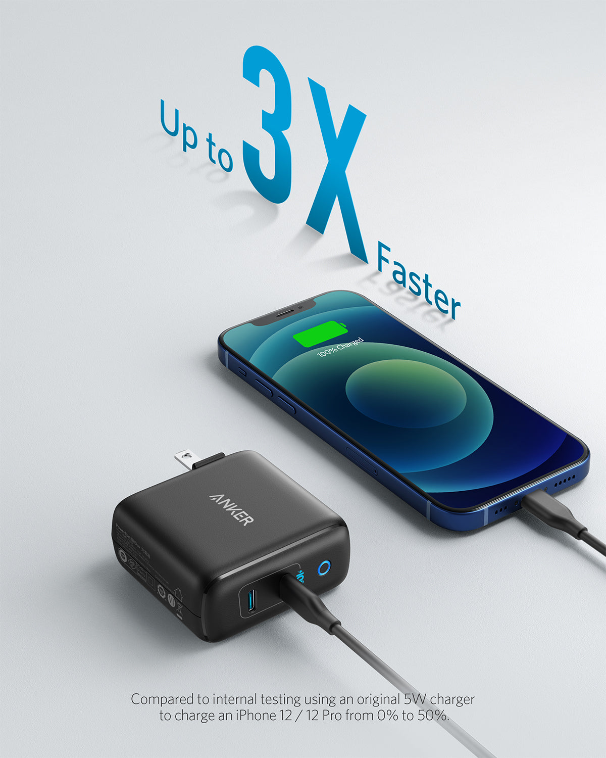 Anker power bank charging a smartphone with text indicating faster charging speed on a light gray background.