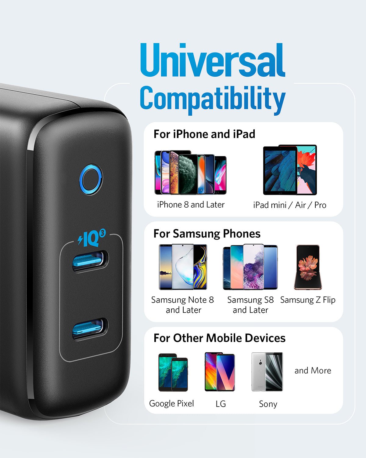 Universal compatibility charger with smartphone images and text on a light gray background