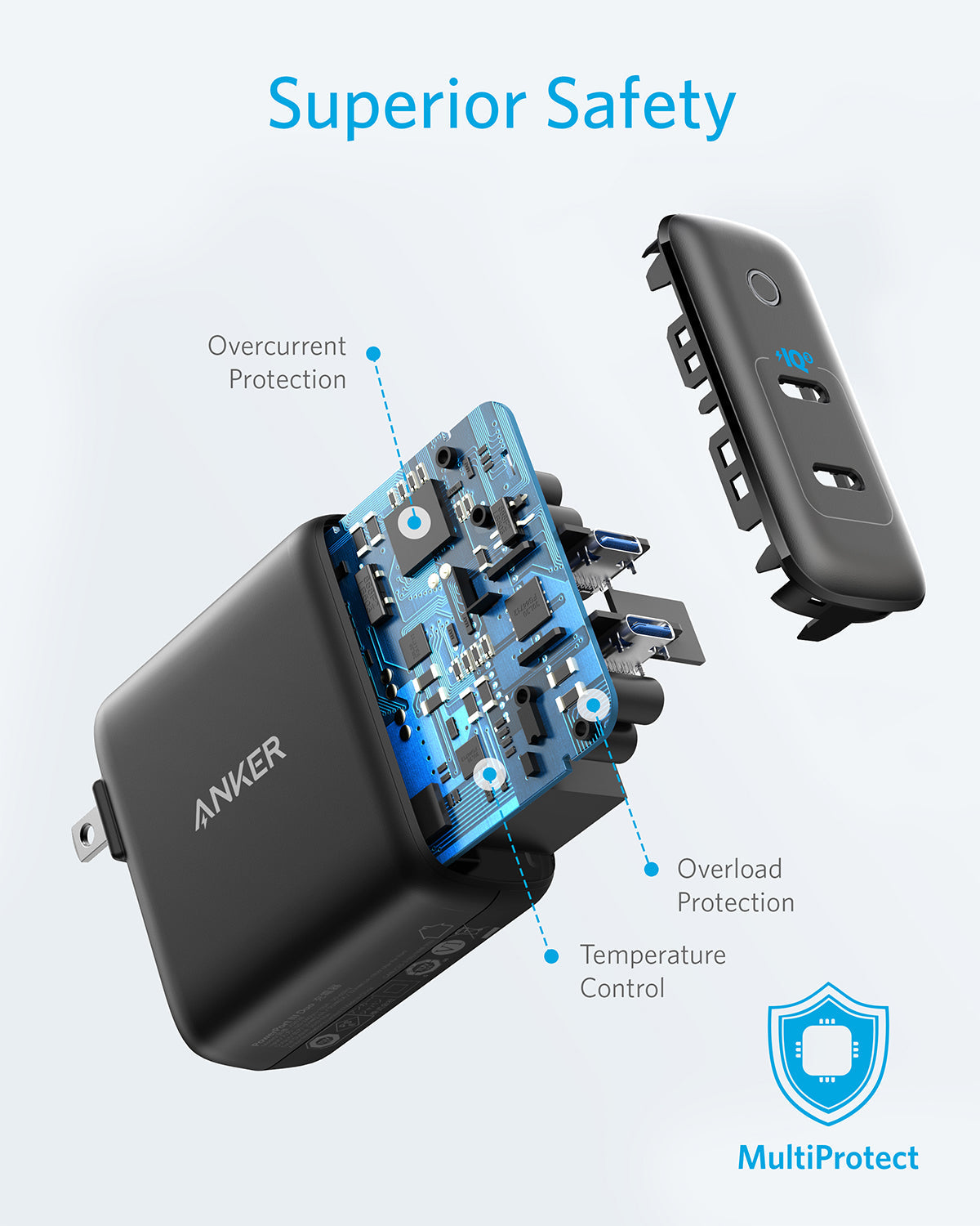 Anker charger with circuit board exposed, highlighting safety features on a light gray background.