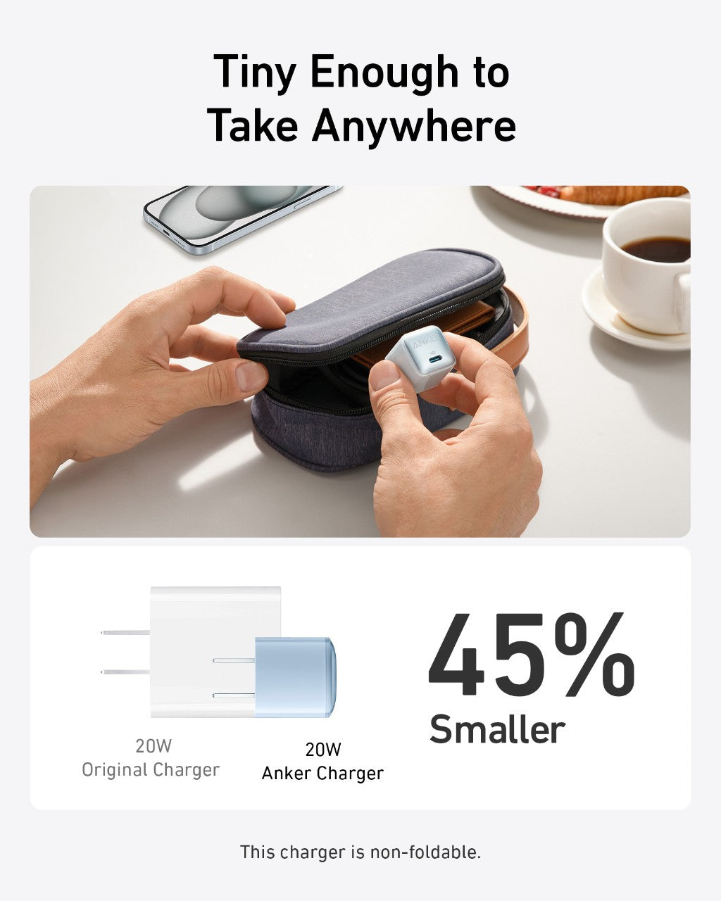 Small charging device in a case with text highlighting its portability and size comparison to an original charger.