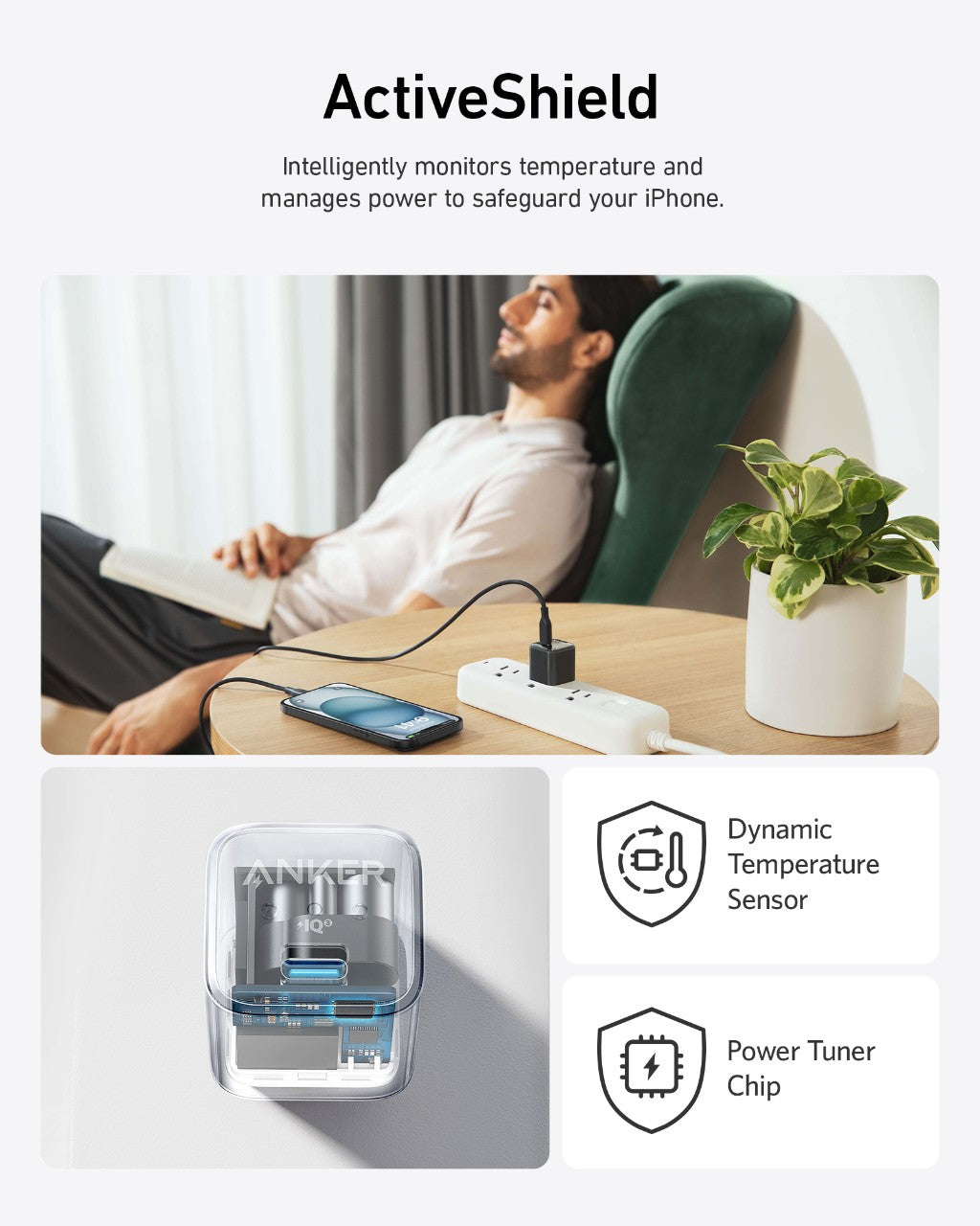 Person using a smartphone with ActiveShield product on a desk, featuring text about temperature monitoring and power management.