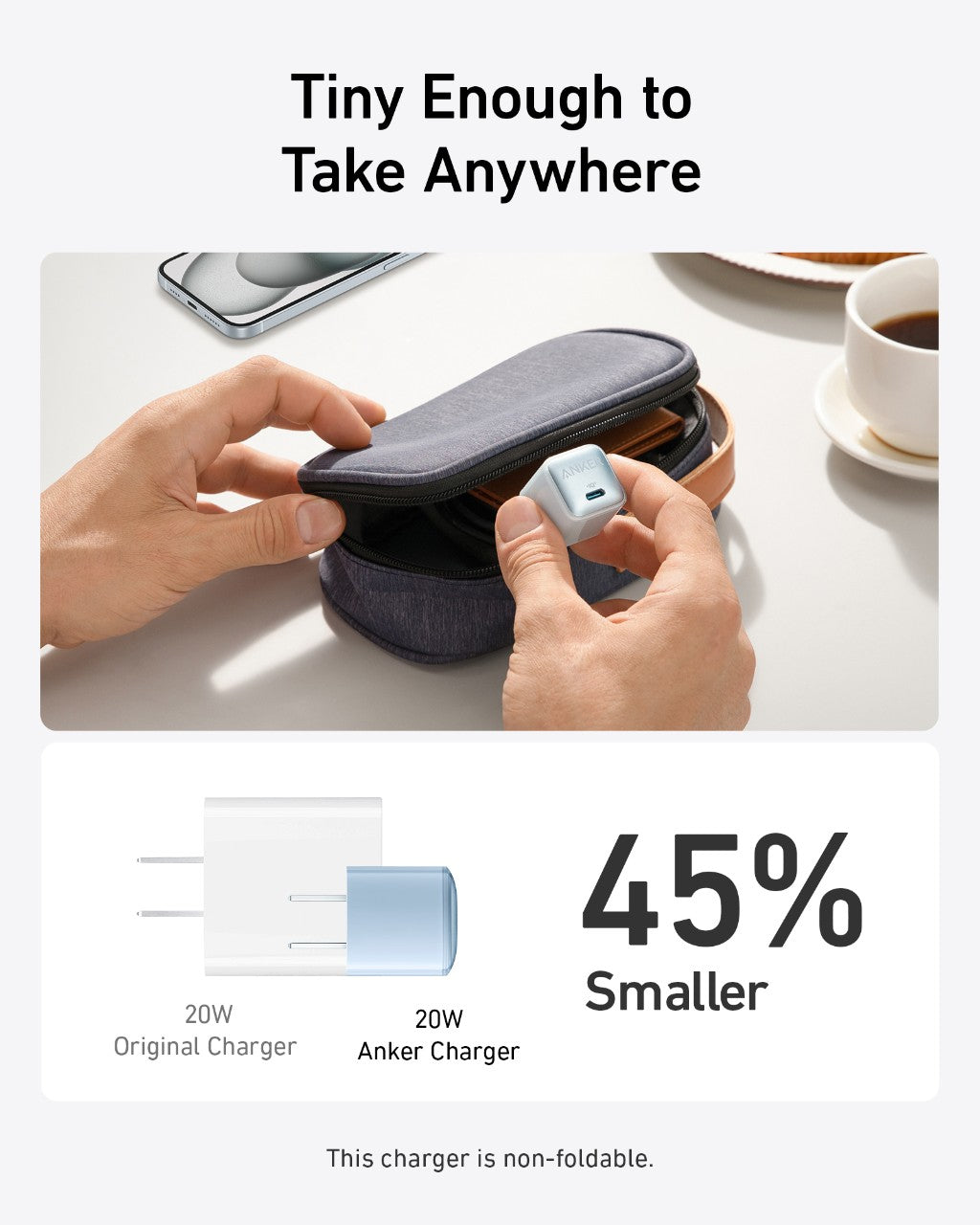 Small charging device in a case with text highlighting its portability and size comparison to other chargers.