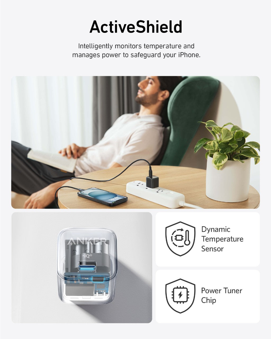 Person using a smartphone with ActiveShield product on a desk, featuring text about temperature monitoring and power management.