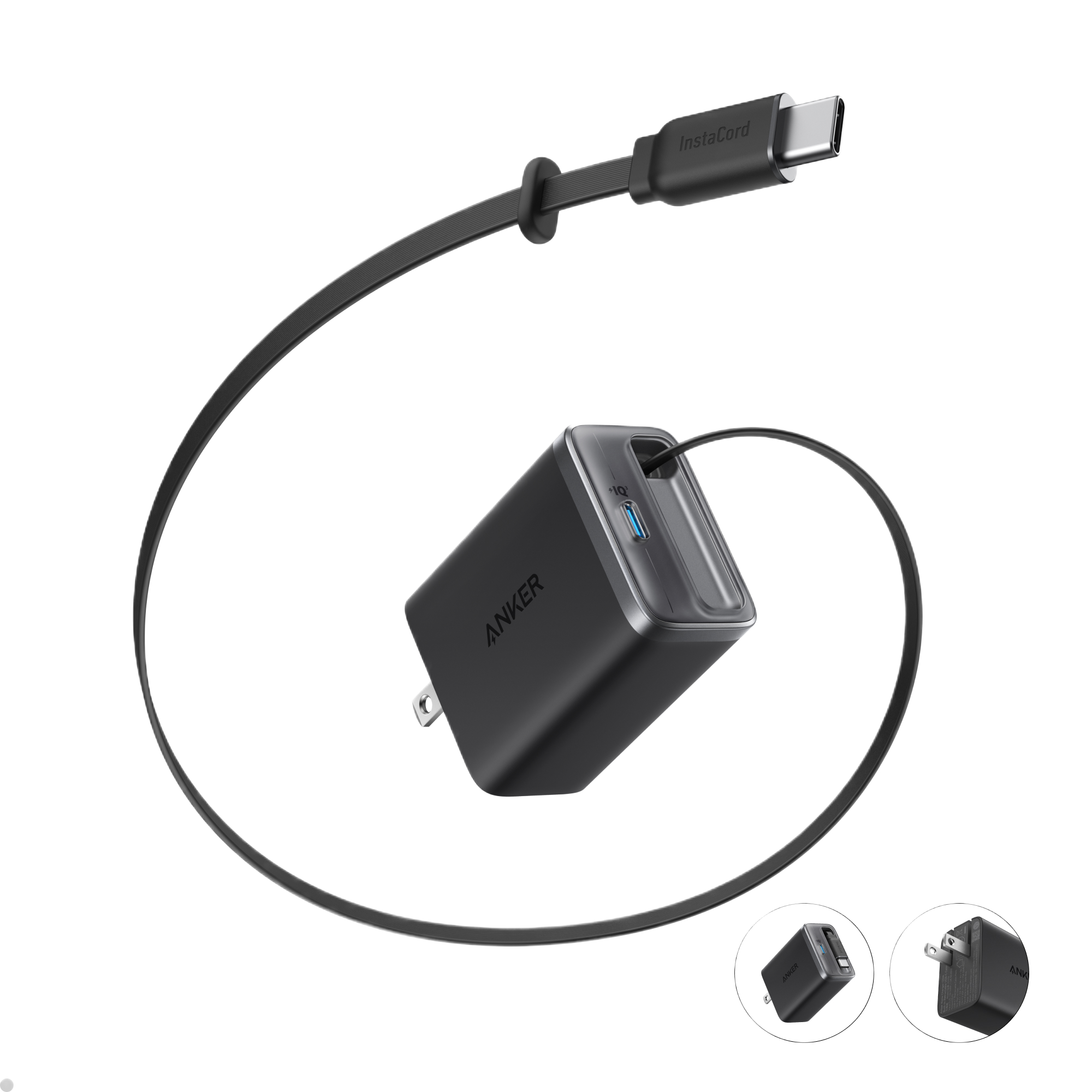Black charging adapter with USB-C cable on a white background