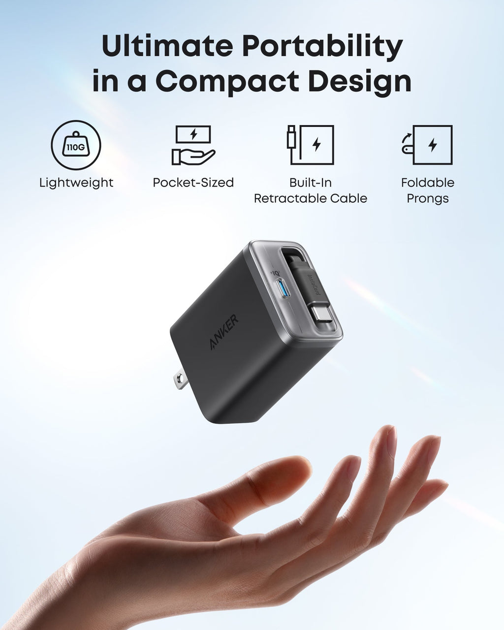 Anker power adapter held in a hand with features listed on a light blue background