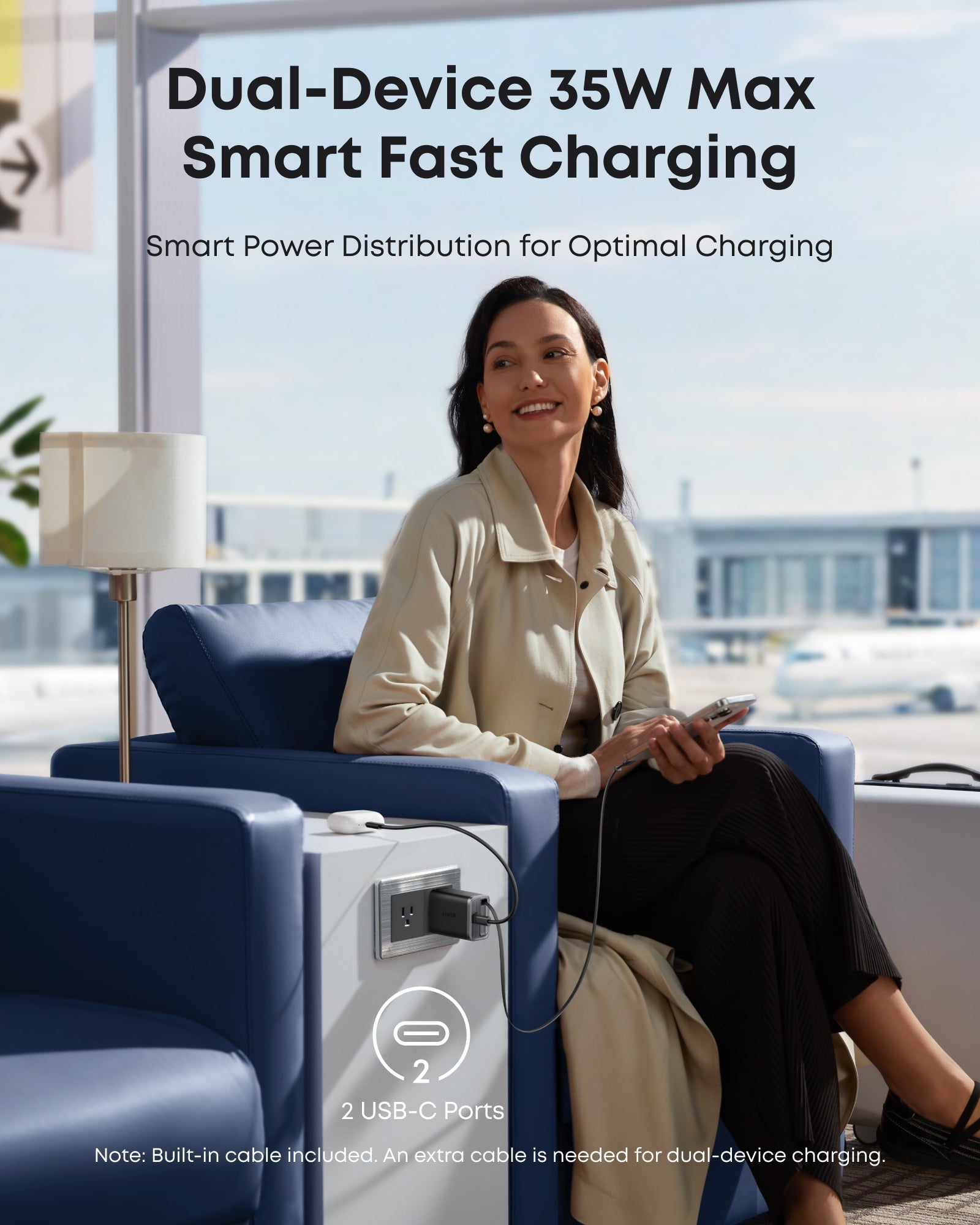 Woman sitting in a modern waiting area with dual-device charging station, text about smart fast charging.