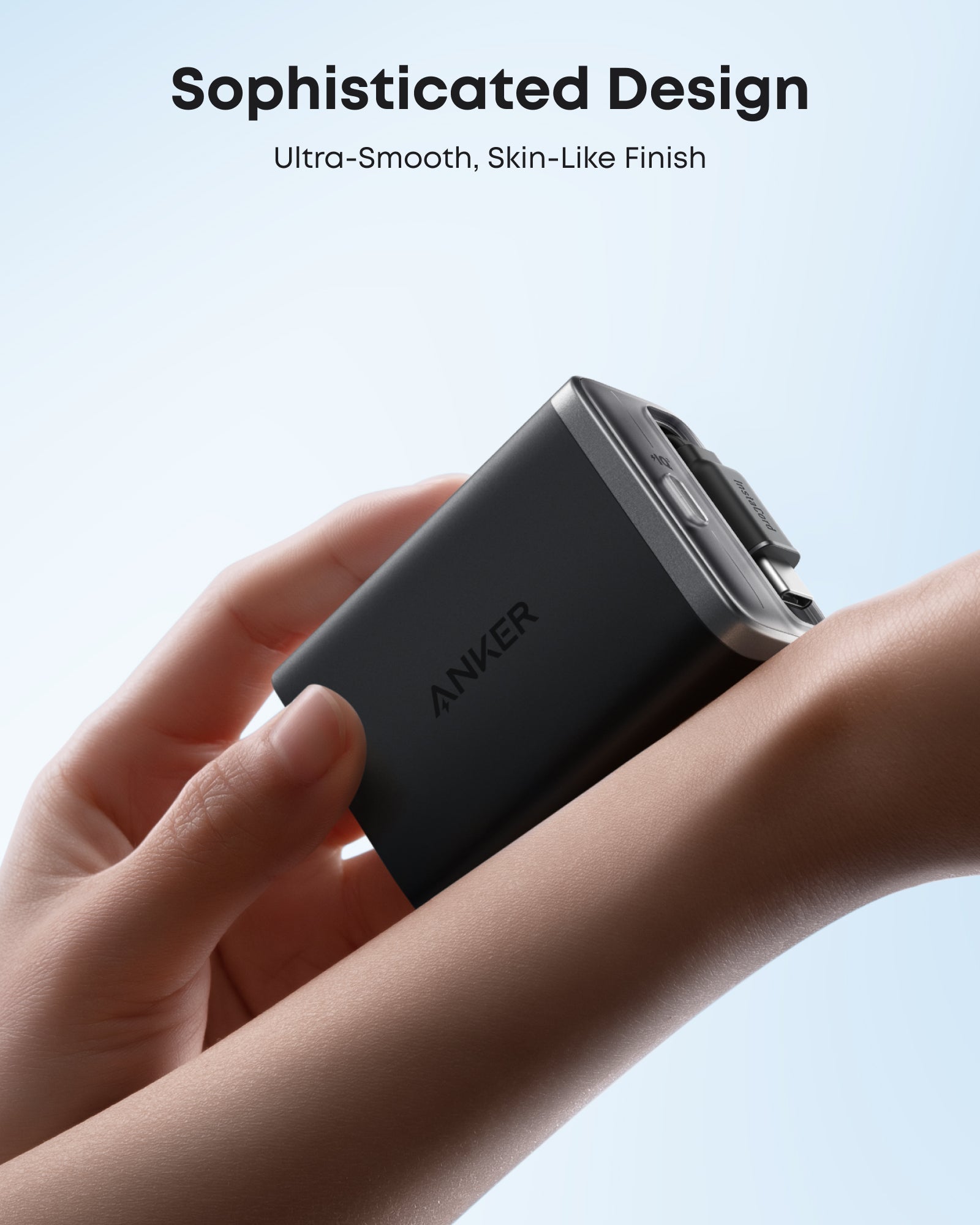 Anker power bank held in a hand with text about design and finish.