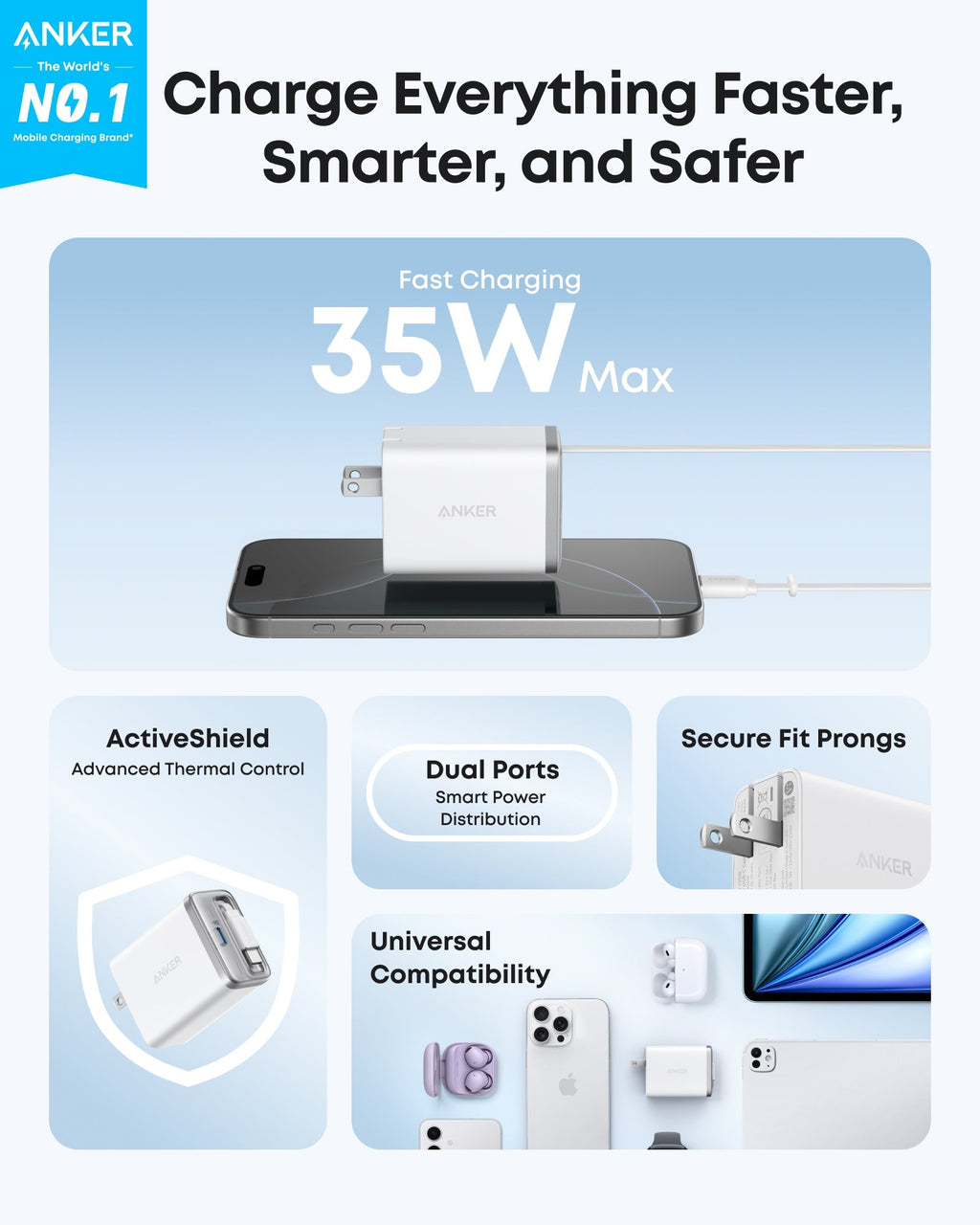 Anker charging station with features highlighted on a light blue background