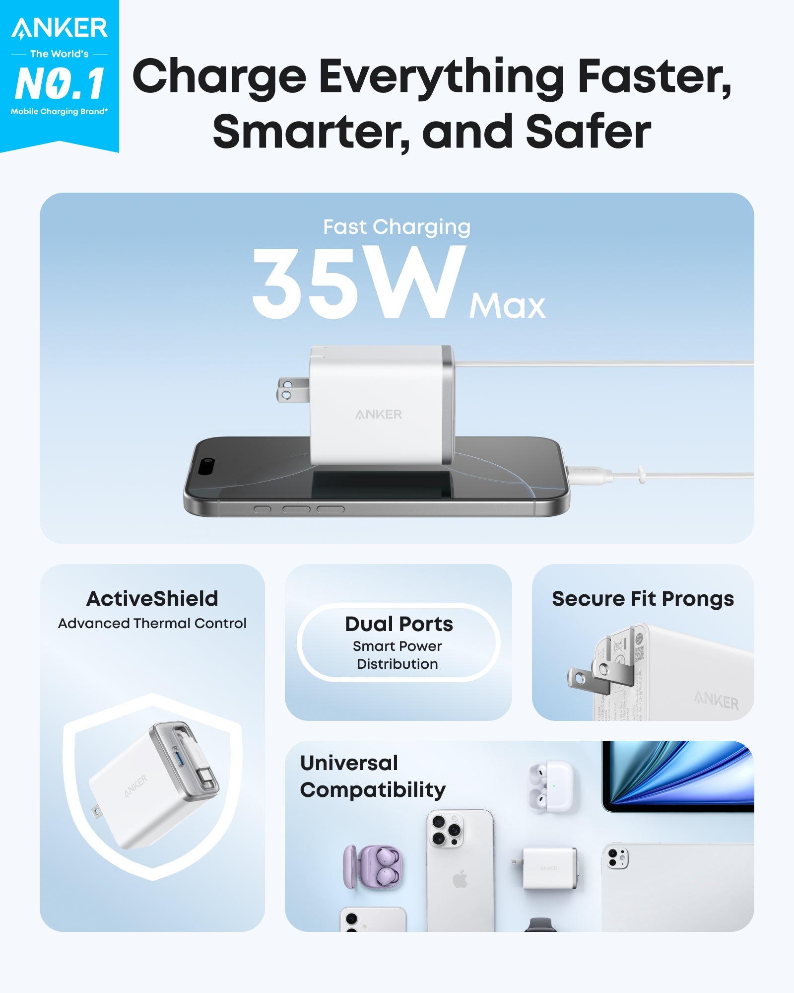 Anker charging station with features highlighted on a light blue background