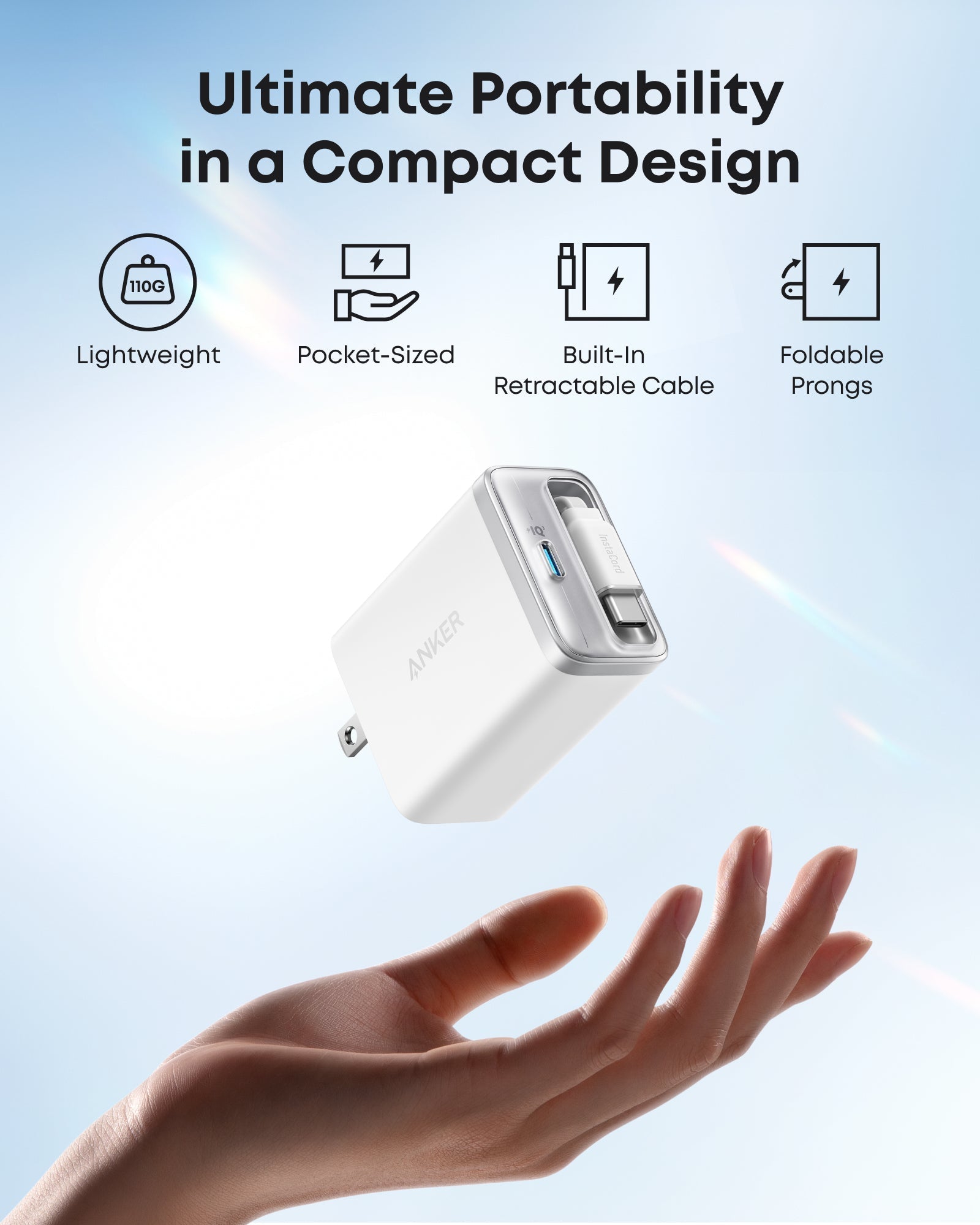 Hand holding a white charging cable and adapter with features listed on a light blue background