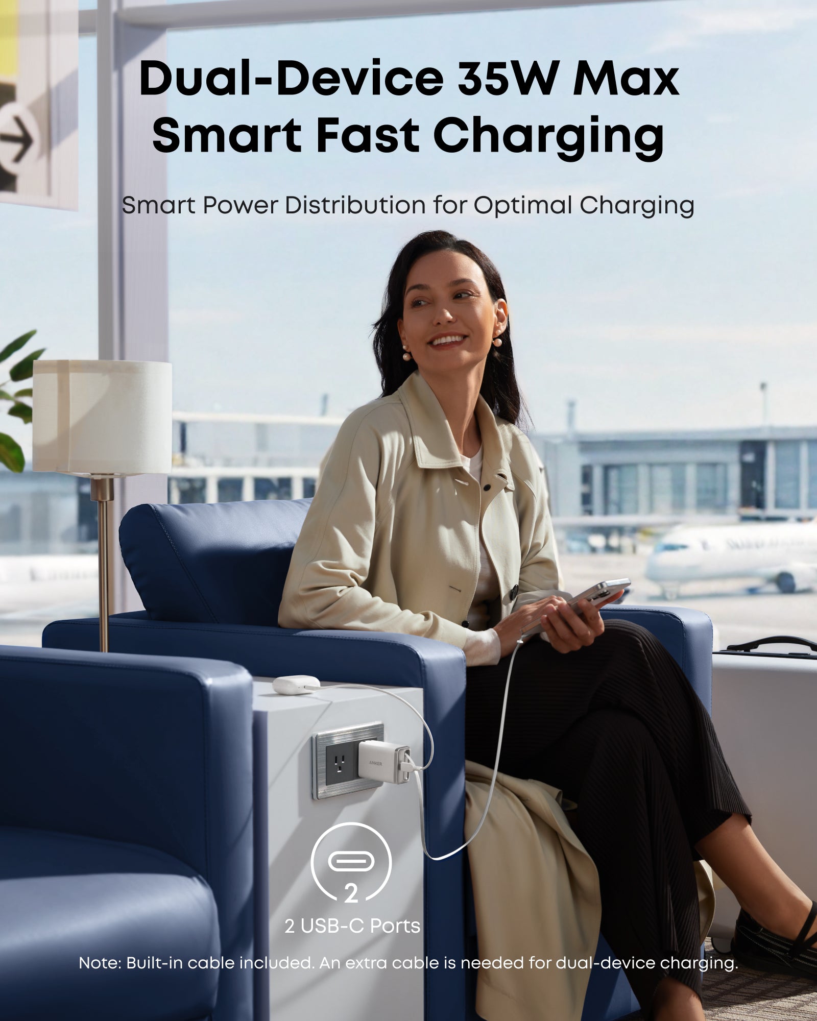 Woman sitting in a modern airport lounge with dual-device charging station.