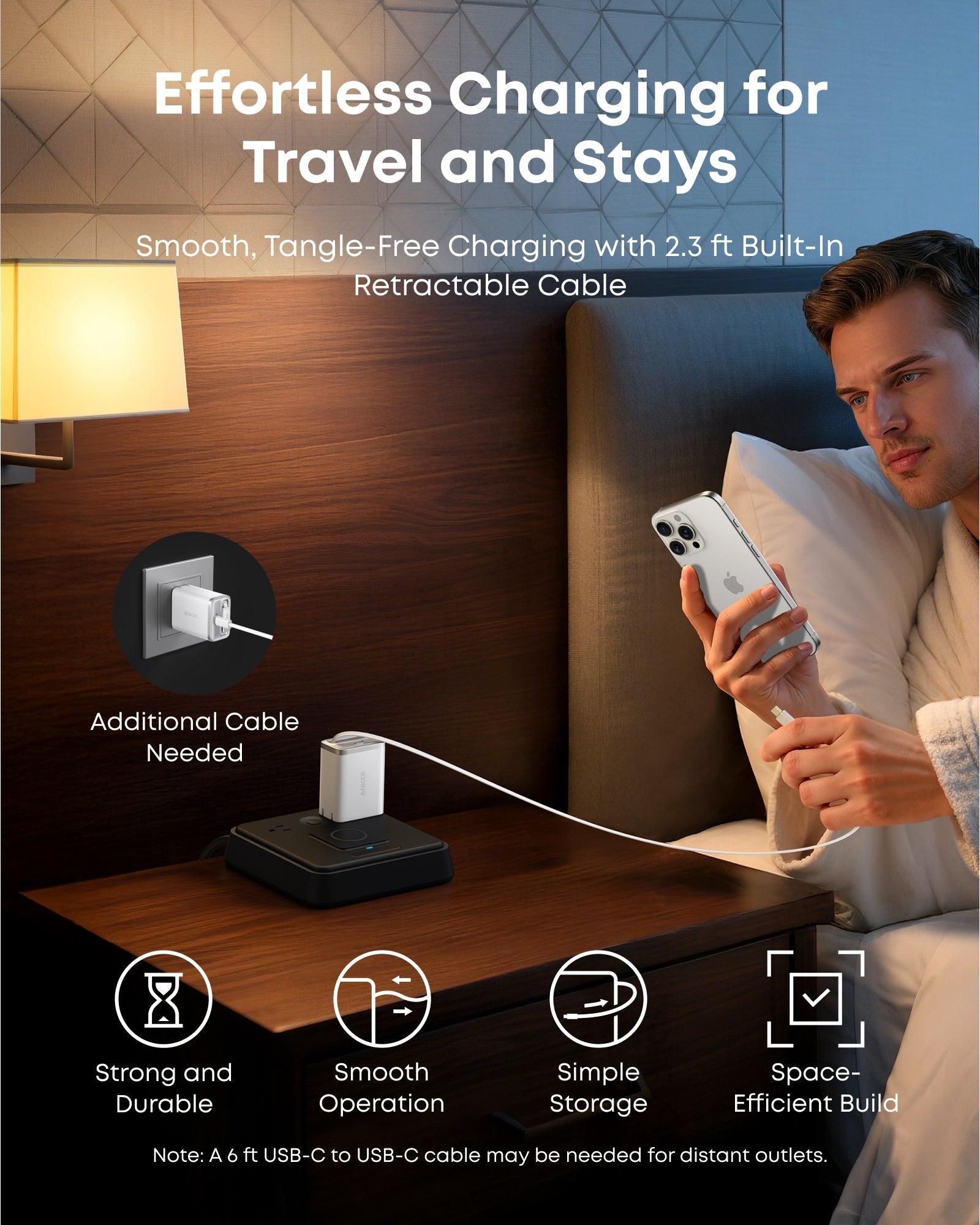 Person using a charging station with a retractable cable in a bedroom setting.