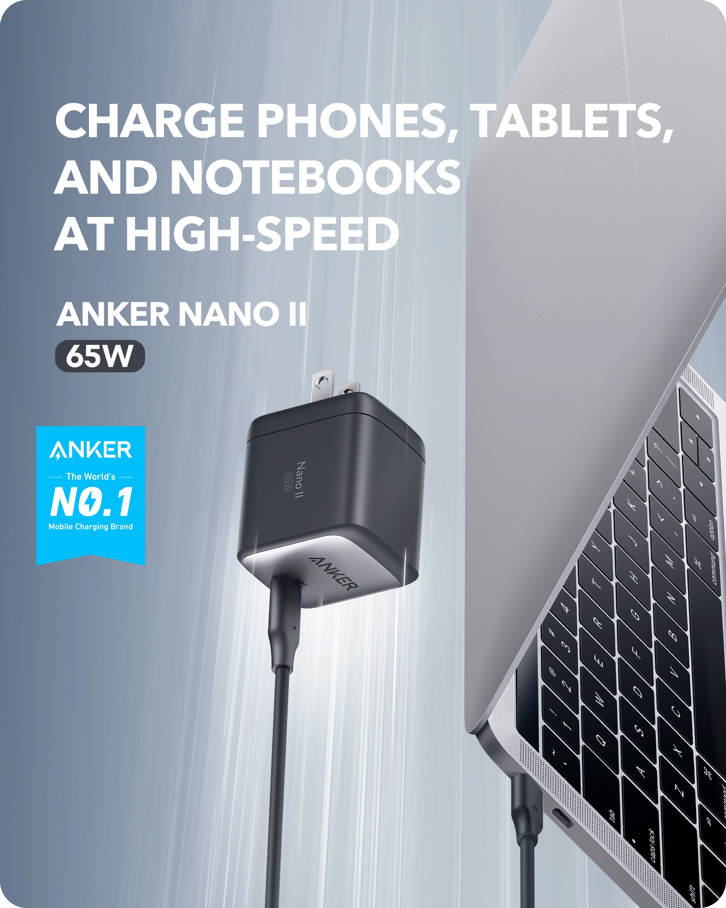 Anker Nano II 65W charger with laptop and solar panel on a gray background
