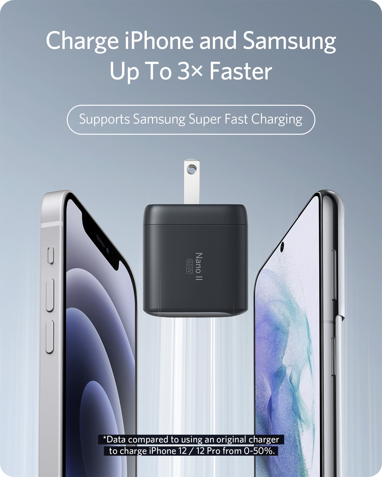 Fast charging adapter with two smartphones on a gradient background