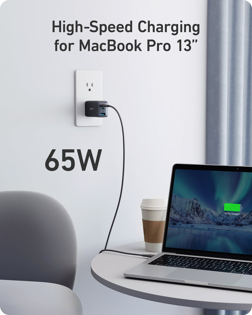 65W charging adapter for MacBook Pro 13" with laptop on desk